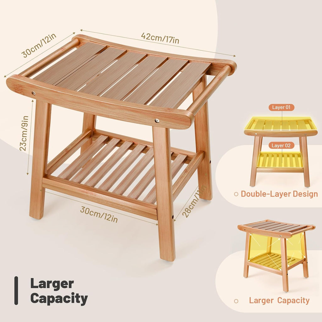 Bamboo Shower Bench for Inside Shower to Sit on,Waterproof Shower Stool for Shaving Legs,Spa Bathroom Shower Chair