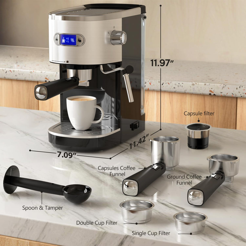 20 Bar Espresso Machine Semi-Automatic, Professional Coffee Maker with Milk Frother Steam Wand & 45OZ Removable Water