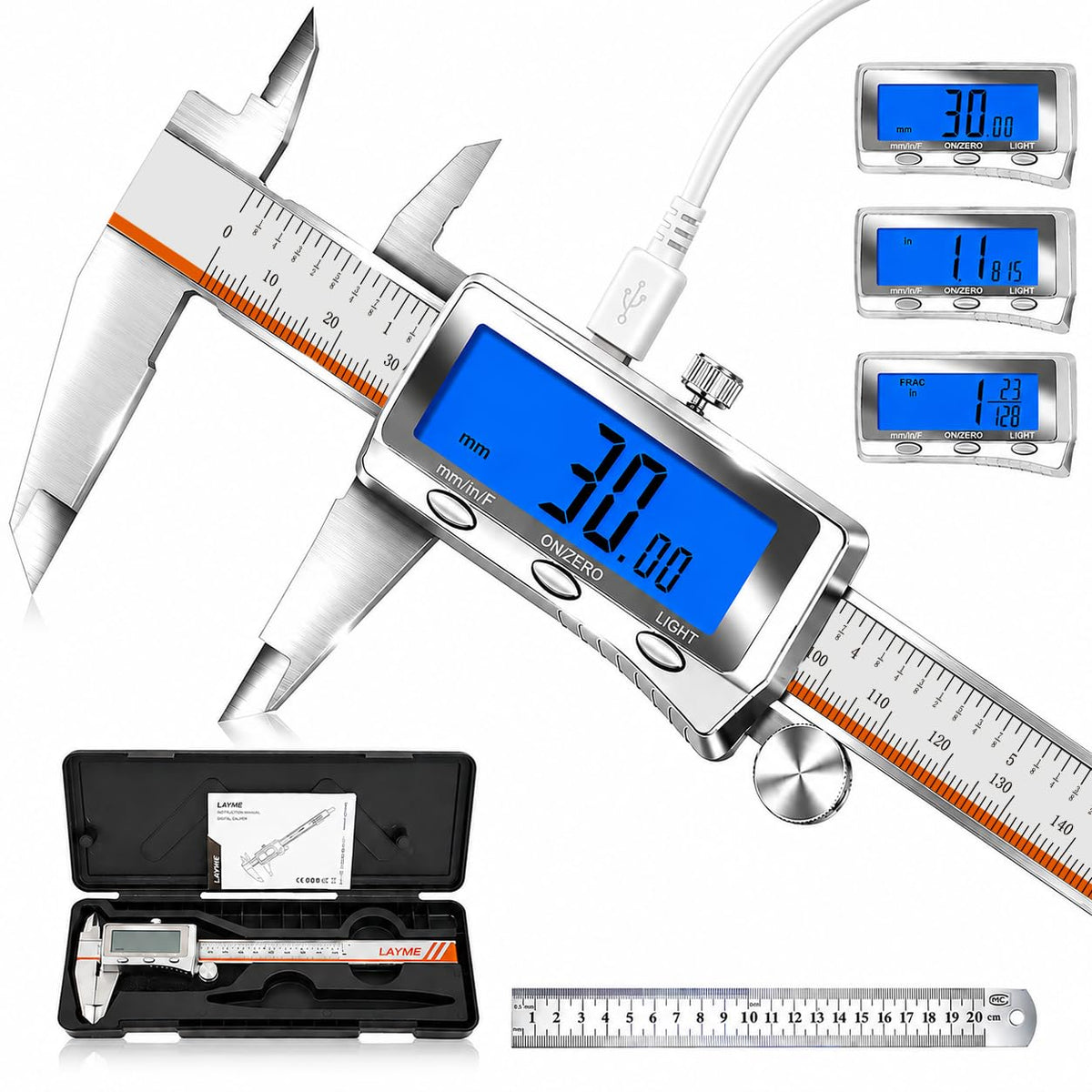 LAYME Digital Caliper 6 Inch, Rechargeable USB-C, Backlit LCD & Fractions
