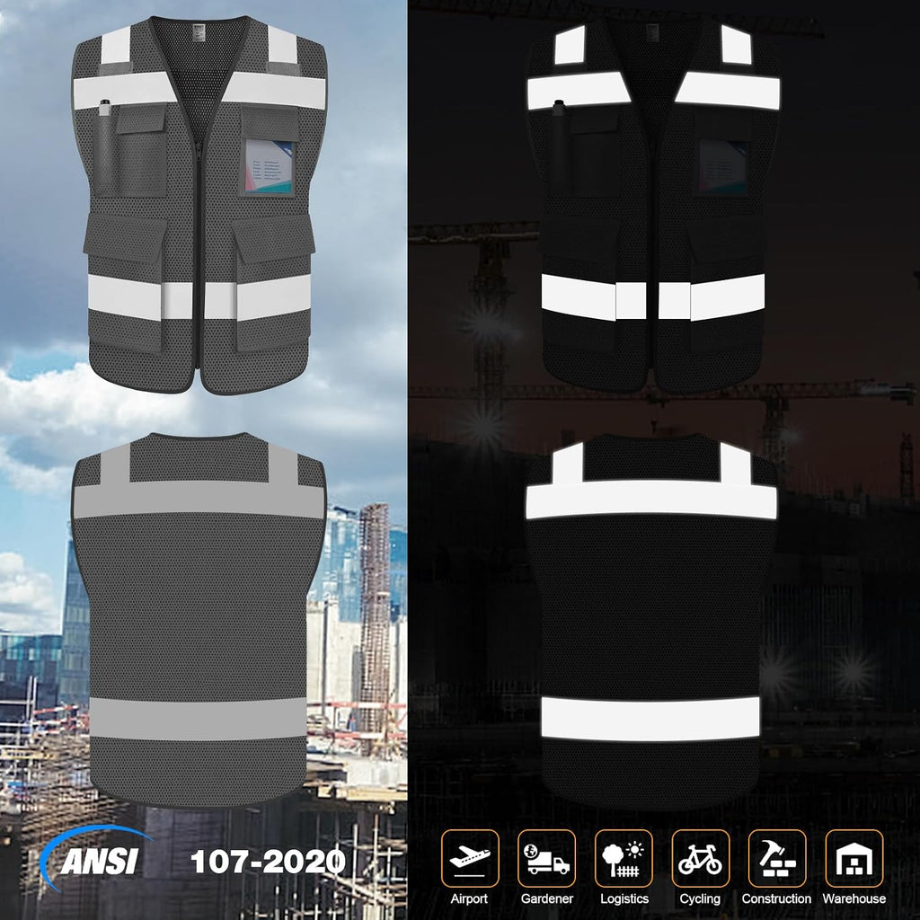 Mesh Safety Vest for Men 5 Pockets Hi Vis Reflective Vest, Grey L | Class 2 Hi Vis Vest for Construction Work with