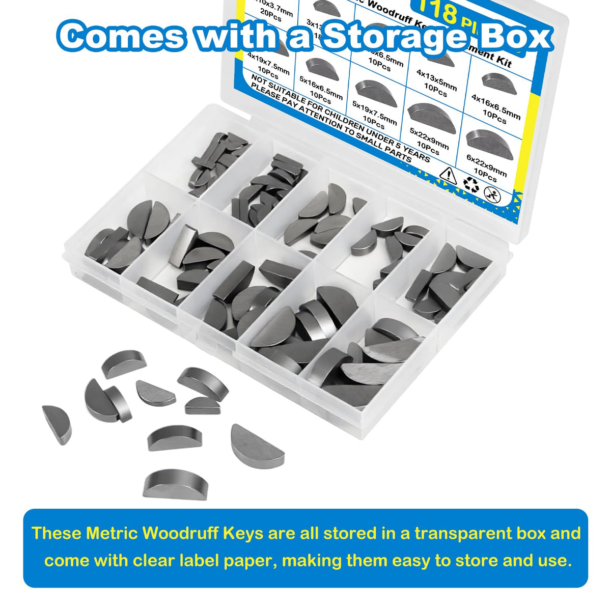Metric Woodruff Key Assortment Kit, 10 Sizes Carbon Steel Semicircle Key