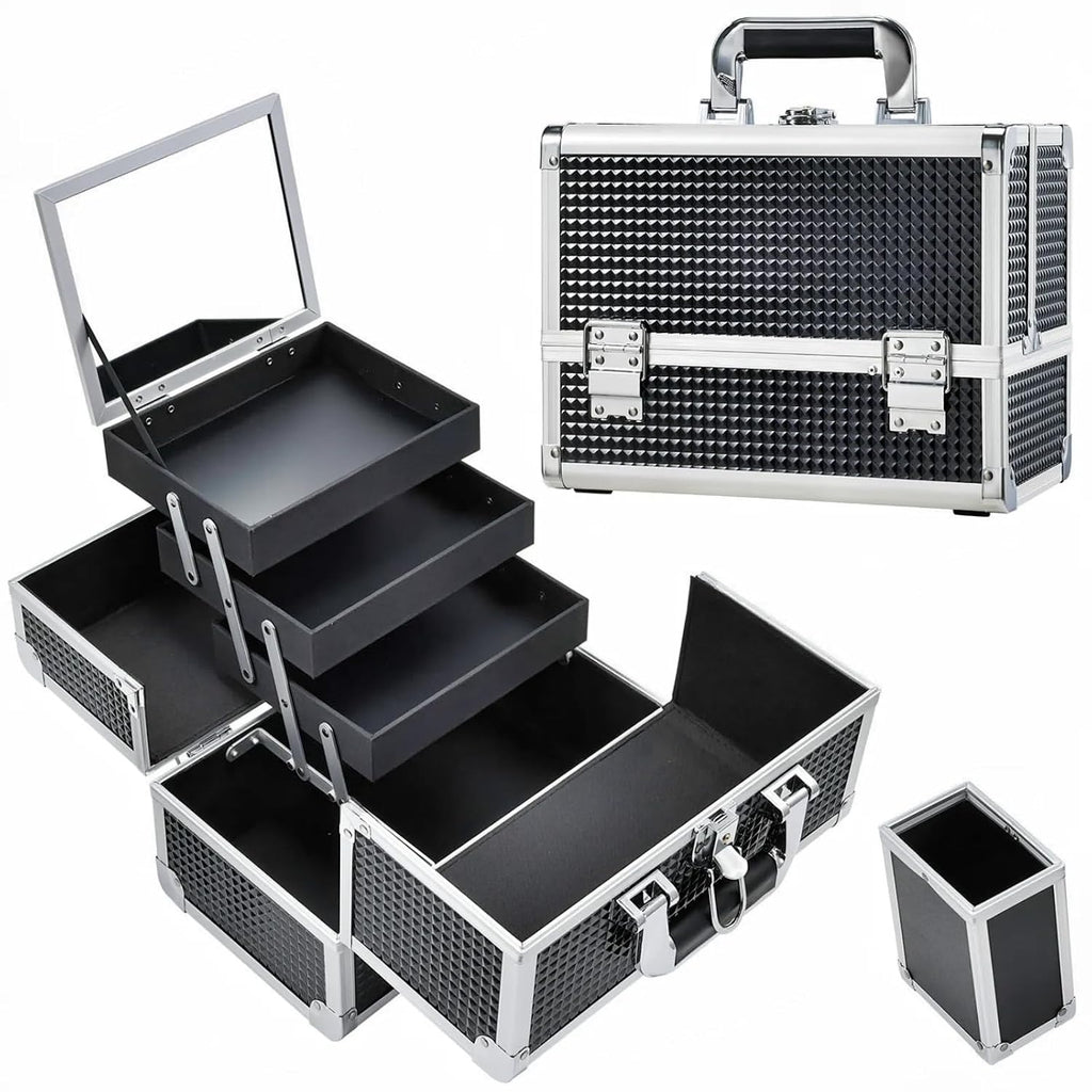 3-Tray Makeup Case with Mirror & Brush Holder, 11.6" Shine Black | Travel-ready makeup train case with lots of