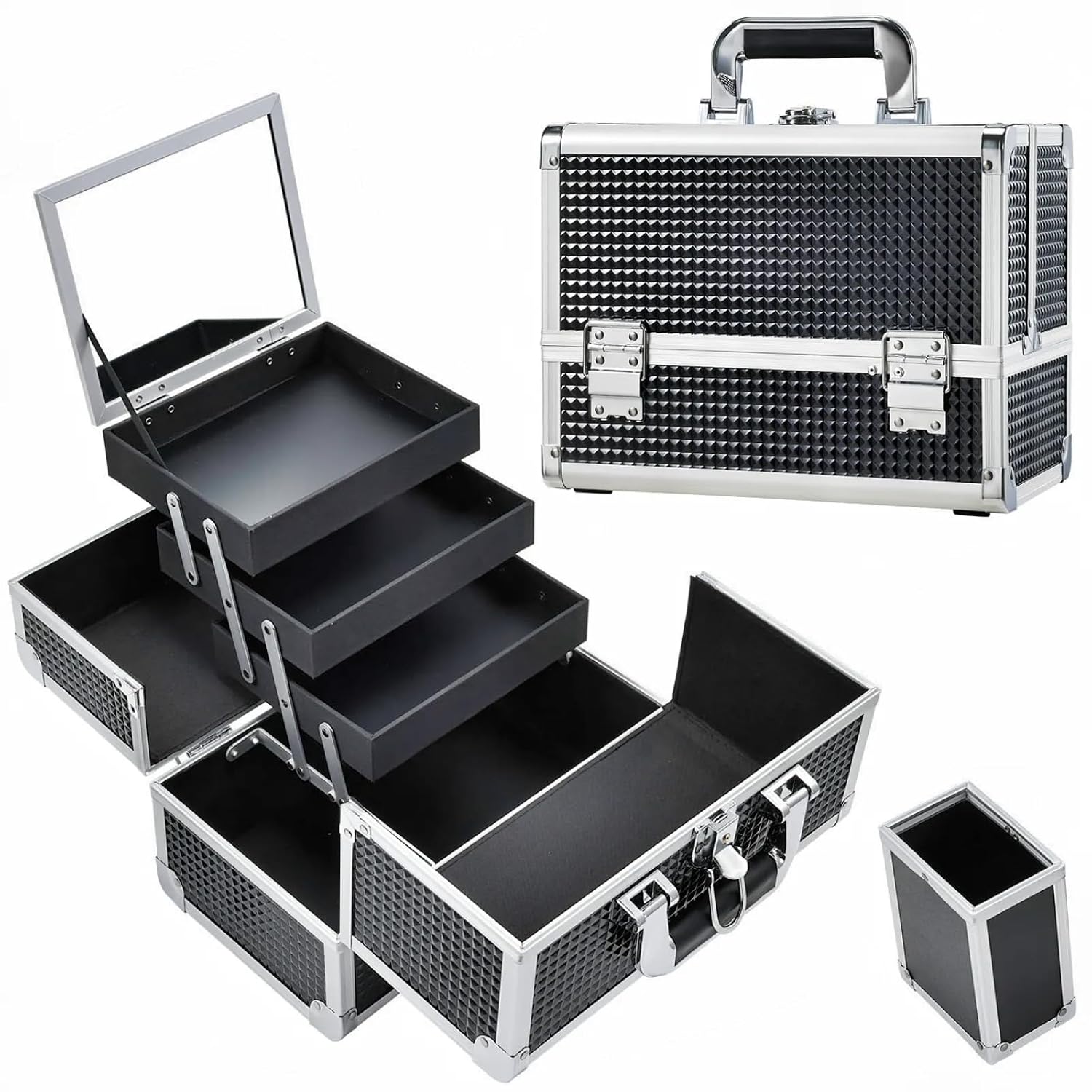 3-Tray Makeup Case with Mirror & Brush Holder, 11.6" Shine Black | Travel-ready makeup train case with lots of