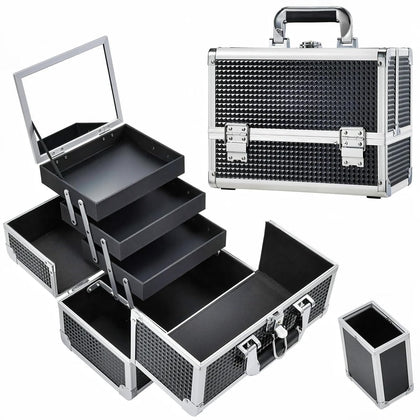 3-Tray Makeup Case with Mirror & Brush Holder, 11.6" Shine Black | Travel-ready makeup train case with lots of