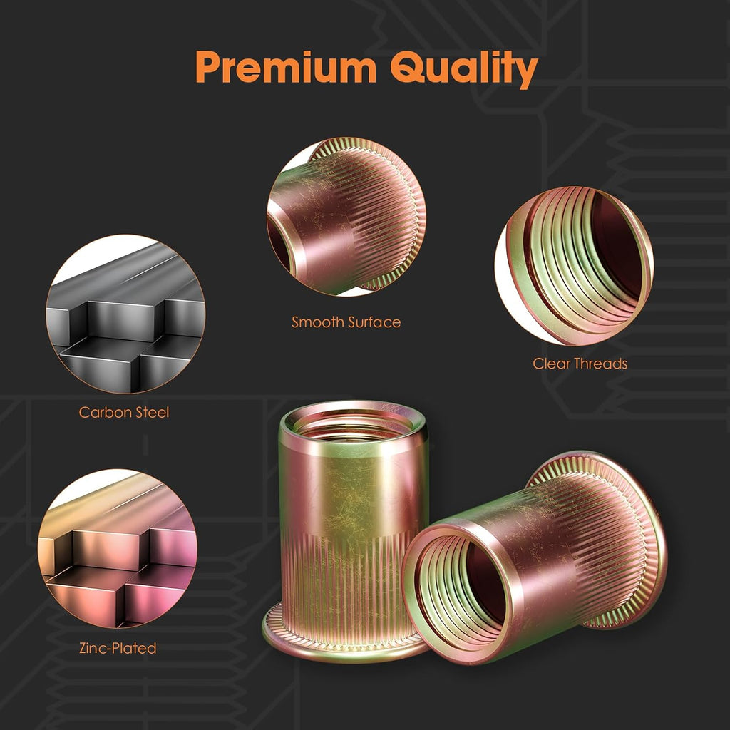 HANGLIFE Rivet Nut, #8-32 UNC SAE Rivnut - Flat Head Nutserts, Zinc-Plated Carbon Steel Knurled Body Threaded Insert Nuts, 100 Pieces