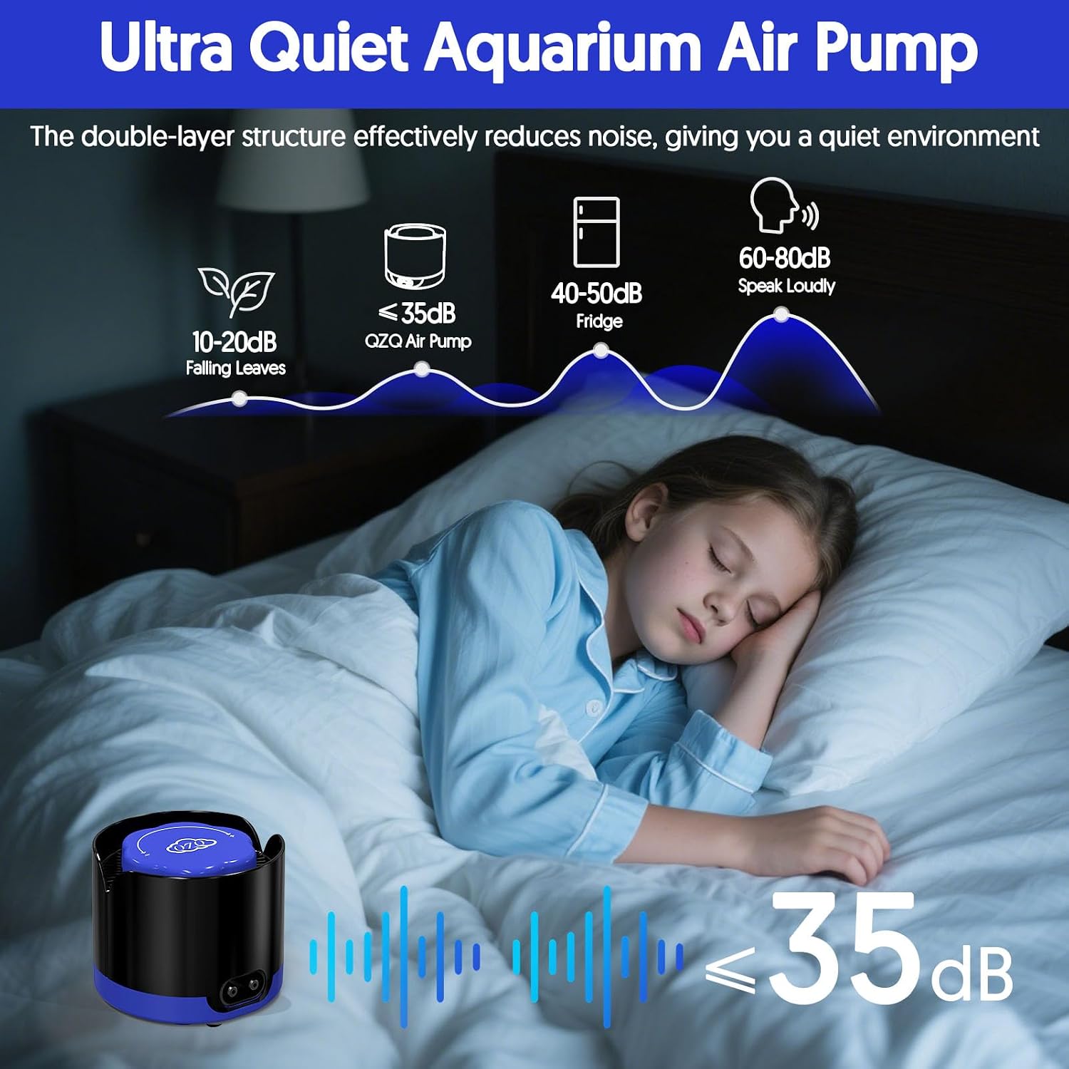 Aquarium Air Pump, Quiet Fish Tank Air Pump with Dual Outlets, Powerful Adjustable Oxygen Pump with Accessories