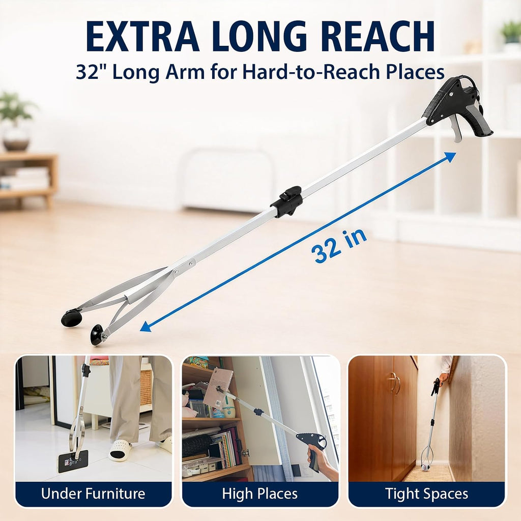 32" Suction Cup Grabber Tool (2 Pack), Foldable Grabber Reacher Tool for Seniors/Smooth Surfaces Items, Heavy Duty