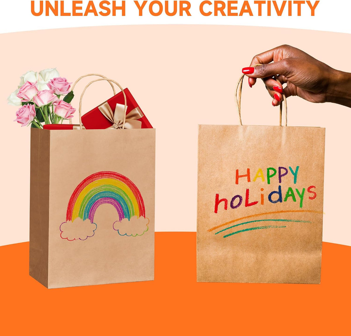 100Pcs Brown Paper Bags with Handles, 8x4.5x10.8 Inch, Medium