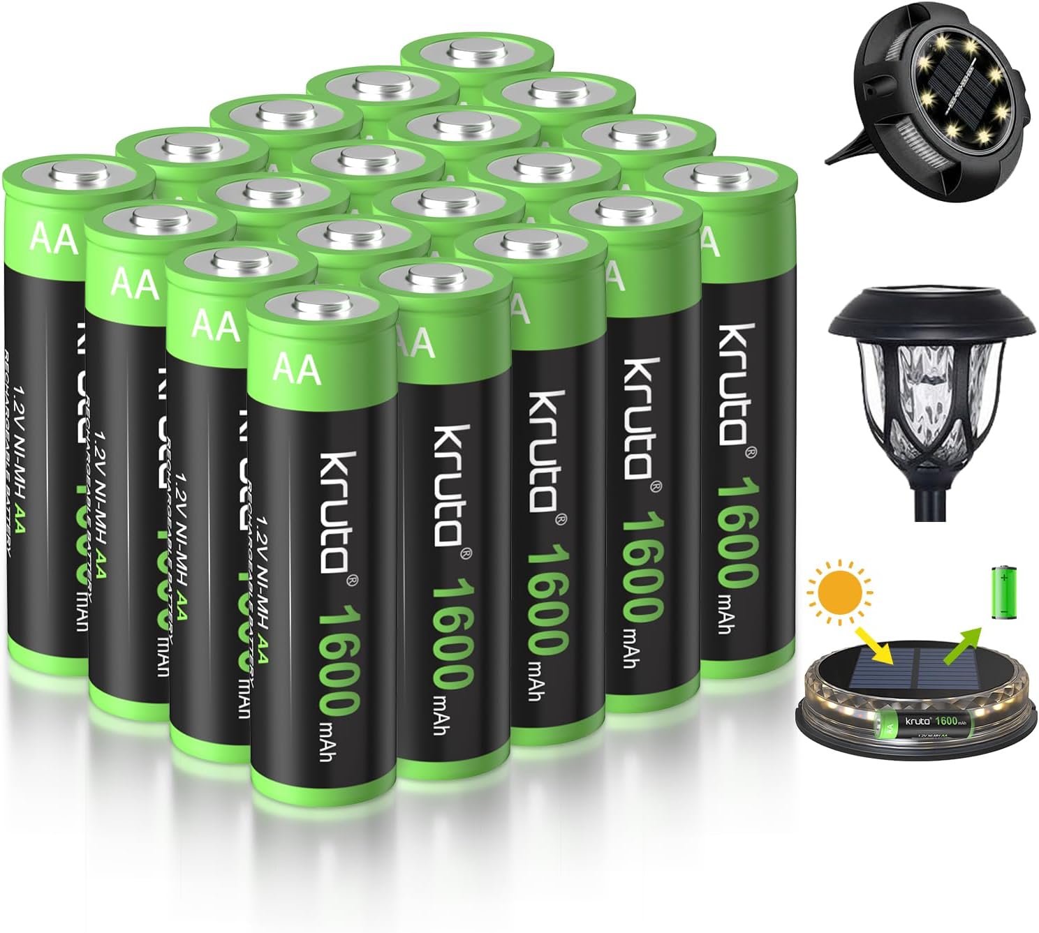 Rechargeable AA Battery Solar Batteries AA for Solar Lights 20 Pack | 1600mAh 1.2v NiMH AA Solor Batteries for