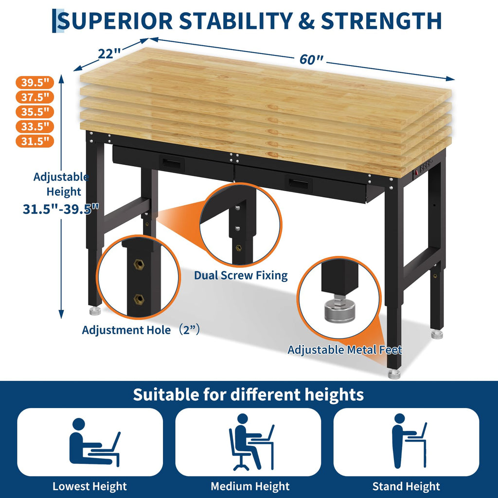 60" Adjustable Workbench, 3000 Lbs Capacity Heavy-Duty Work Bench Table