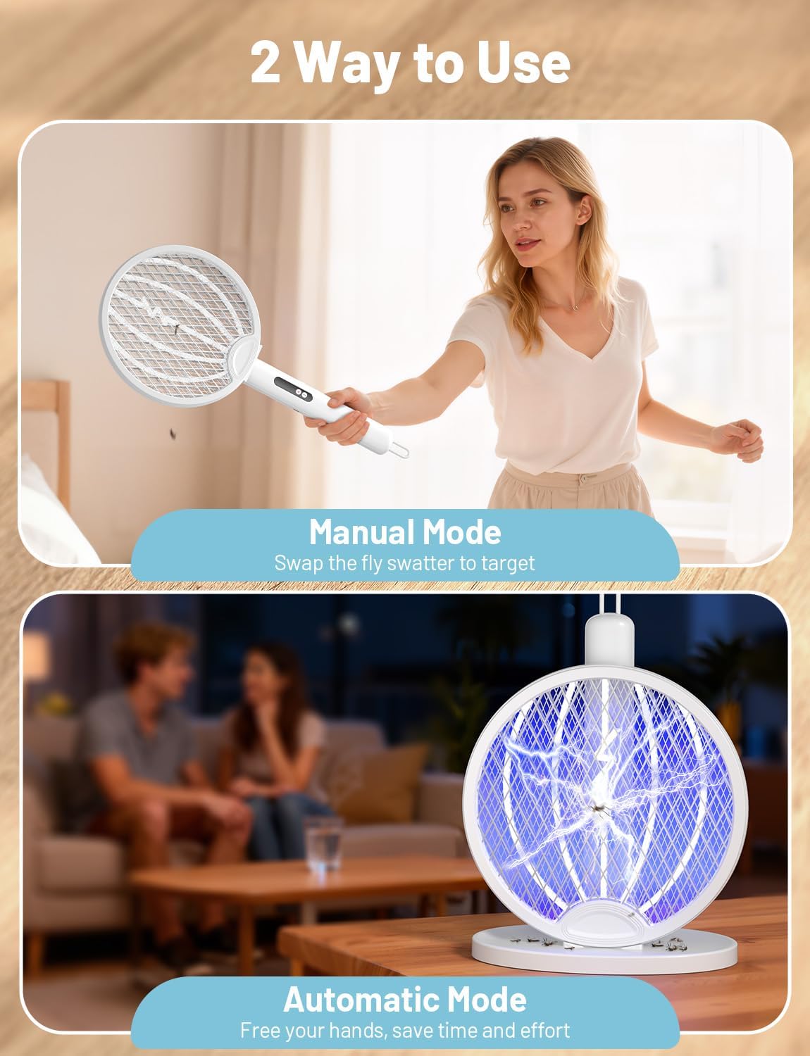 2 in 1 Mosquito Killer Racket, 4000V Foldable Electric Fly Swatter | Charging Base & Attractant Light, Rechargeable