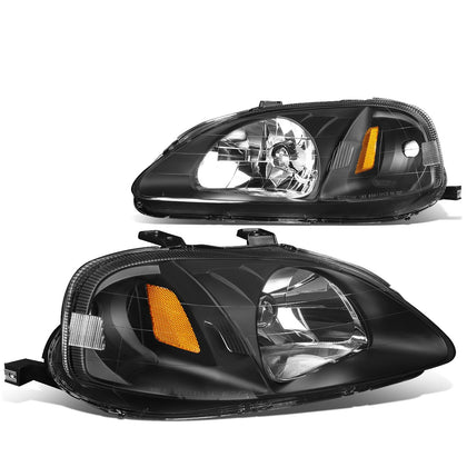 Pair Headlight Assembly Compatible With 99-00 Honda Civic, Black/Amber, HL-OH-HC99-BK-AM