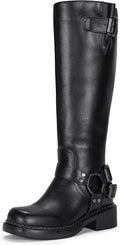 Women's Knee High Riding Boots, Square Toe Buckle Harness Style