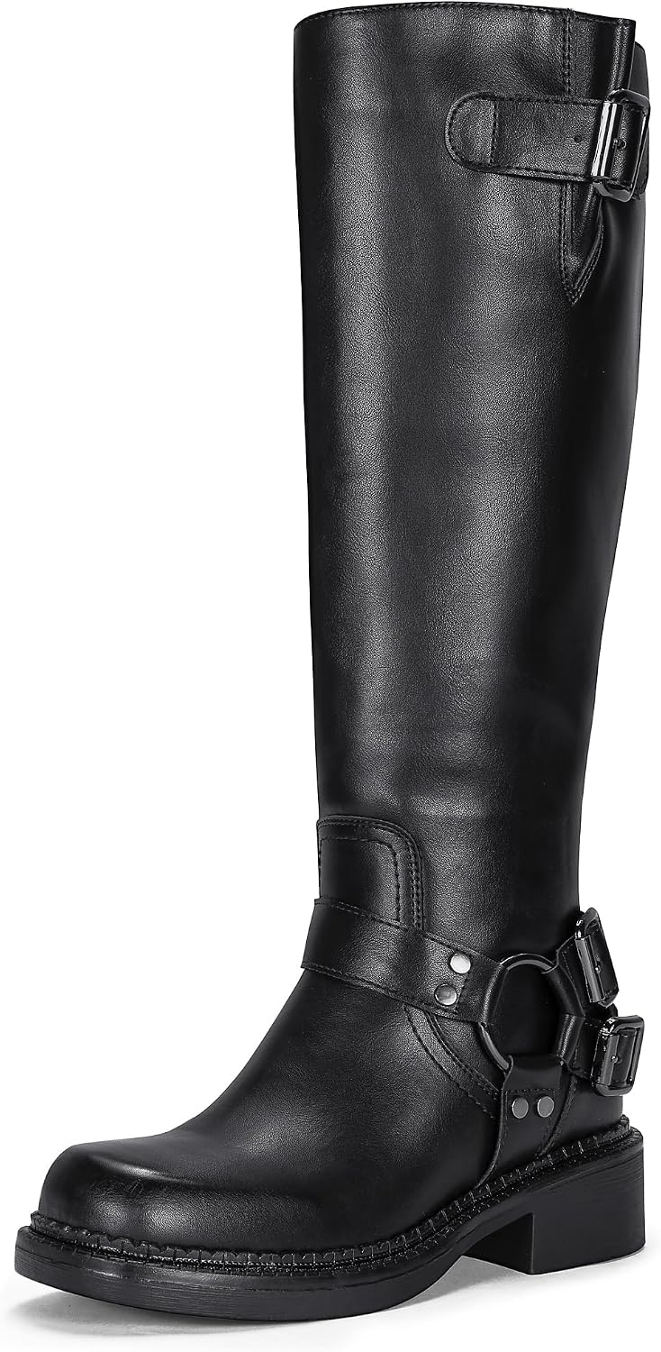 Women's Knee High Riding Boots, Square Toe Buckle Harness Style