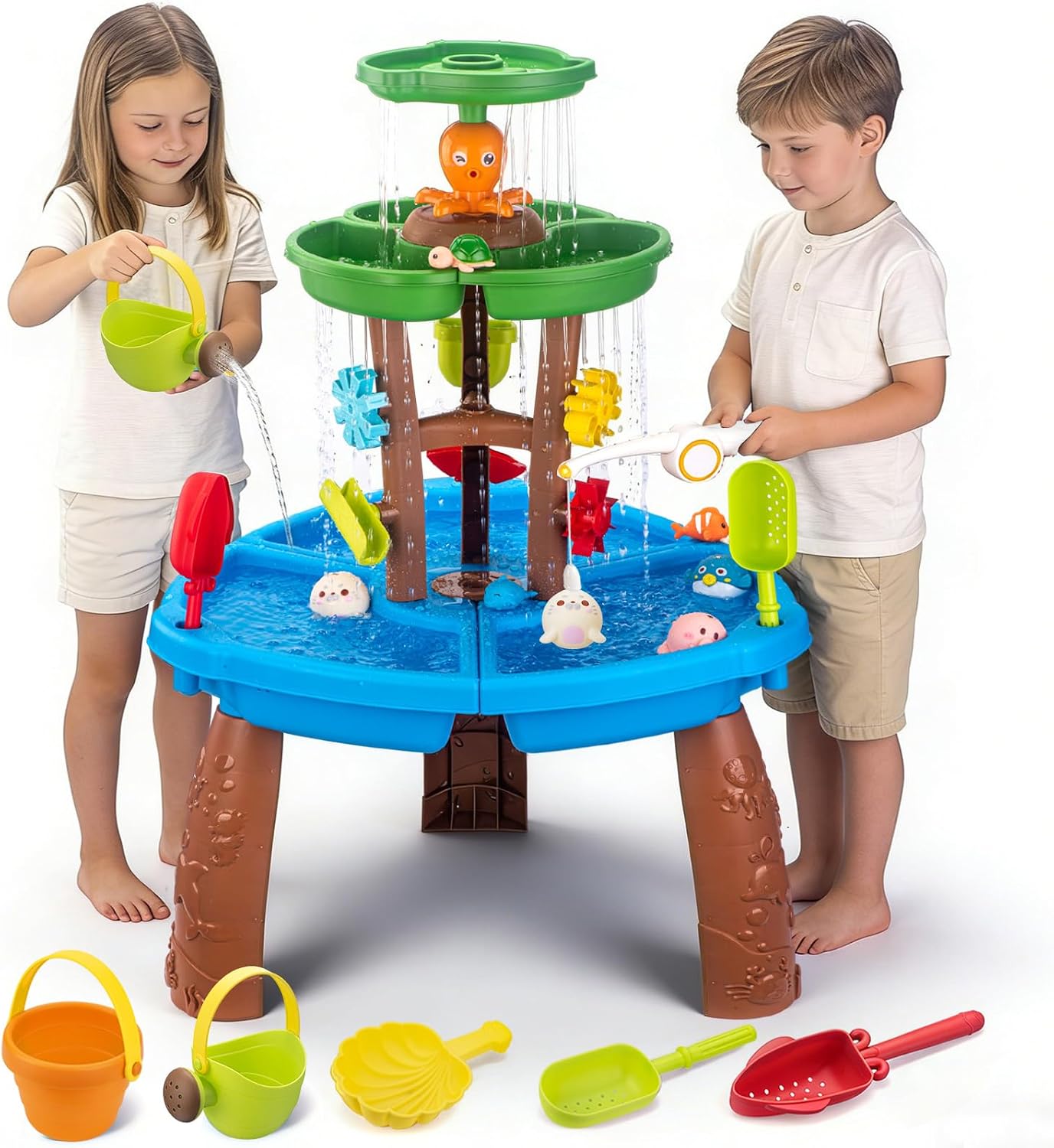 Water Table for Toddlers with Fishing Game Set 3-Tier Kids Sand Water Table Sensory Outdoor Toys for Kids Ages 4-8