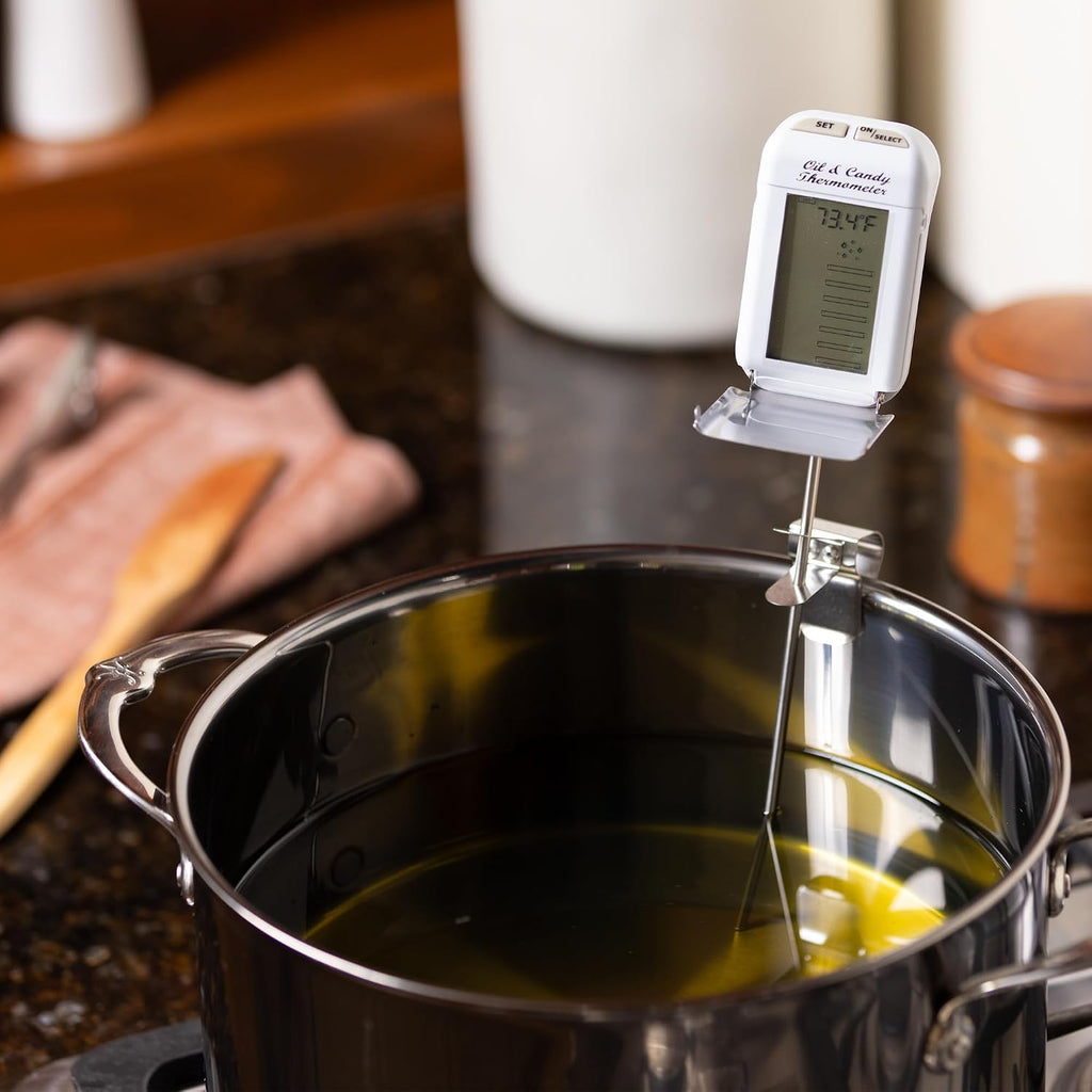 Digital Deep Fry & Candy Thermometer,14 Pre-Programmed Settings, 8 inch Stainless Steel Probe, Fold-Up Splatter