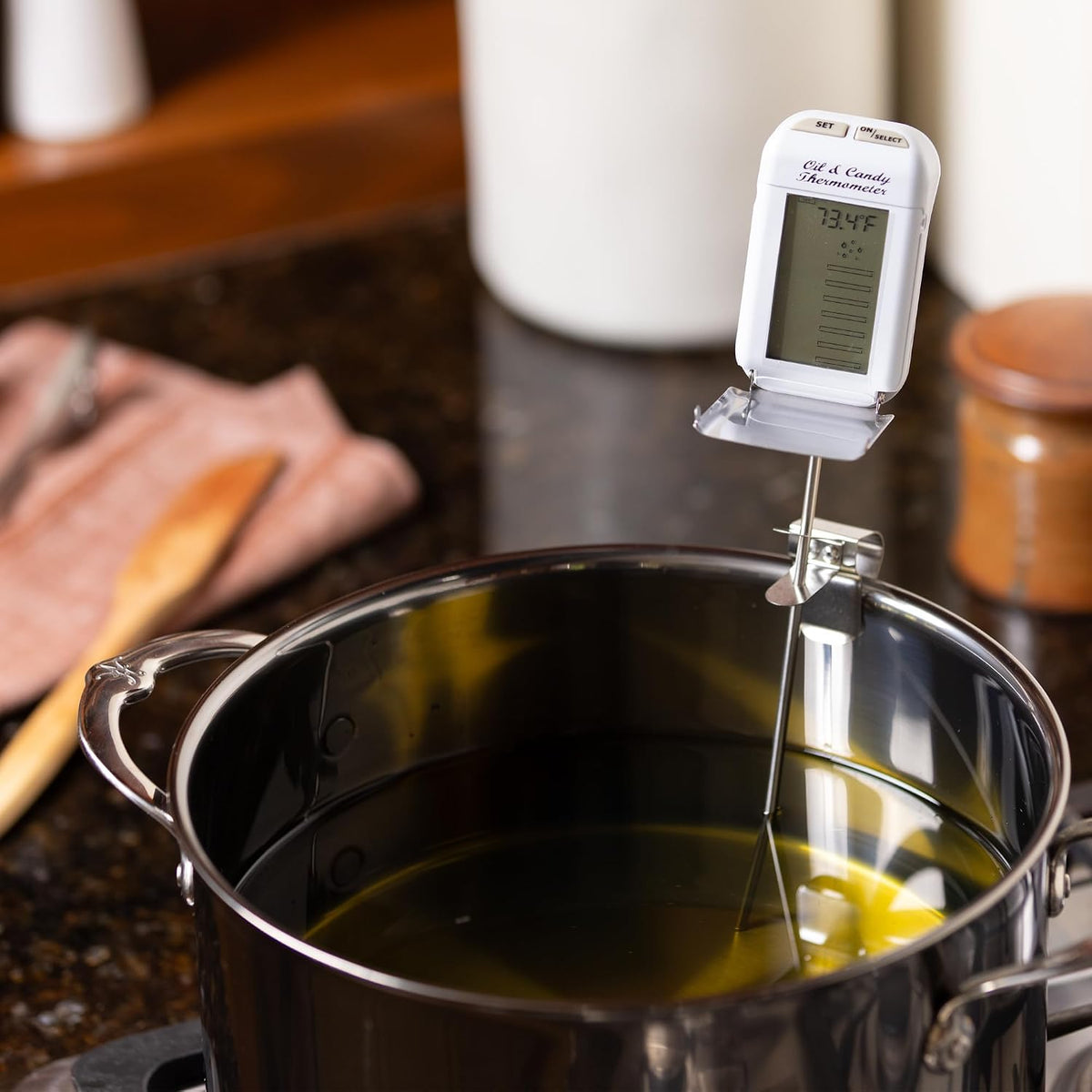 Digital Deep Fry & Candy Thermometer,14 Pre-Programmed Settings, 8 inch Stainless Steel Probe, Fold-Up Splatter