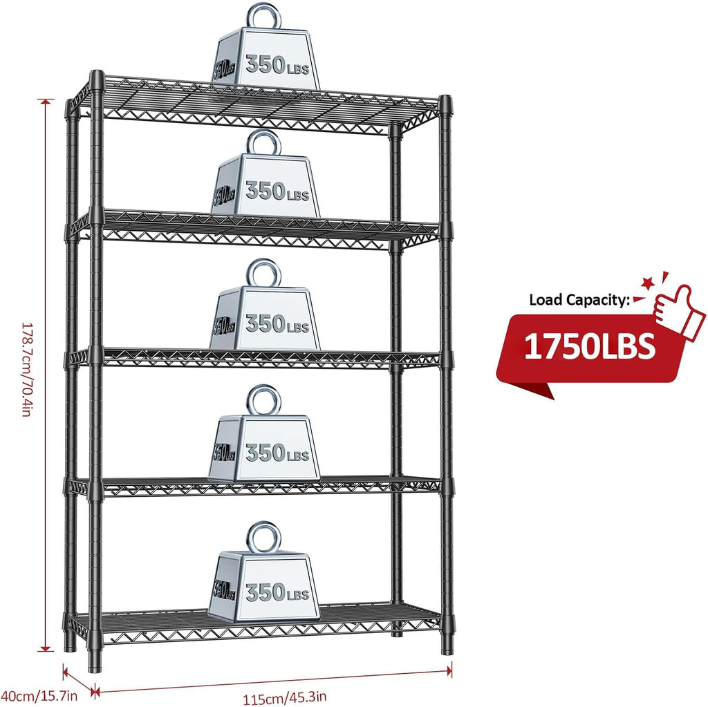 1750 LBS Garage Shelving Wide Storage Shelves Metal Shelves Heavy Duty Adjustable Utility Shelf Rack (Black, 5 Tier