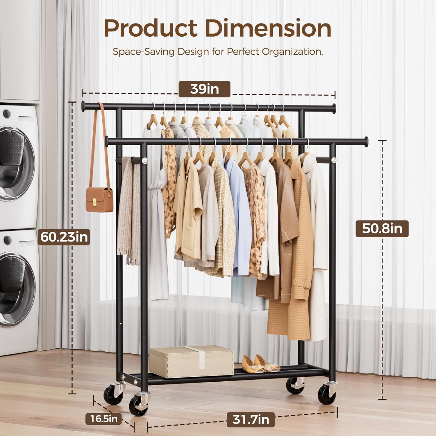 Clothes Rack, Double Rods Rolling Clothing Rack for Hanging Clothes, Portable Garment Rack with Wheels, Coat Rack