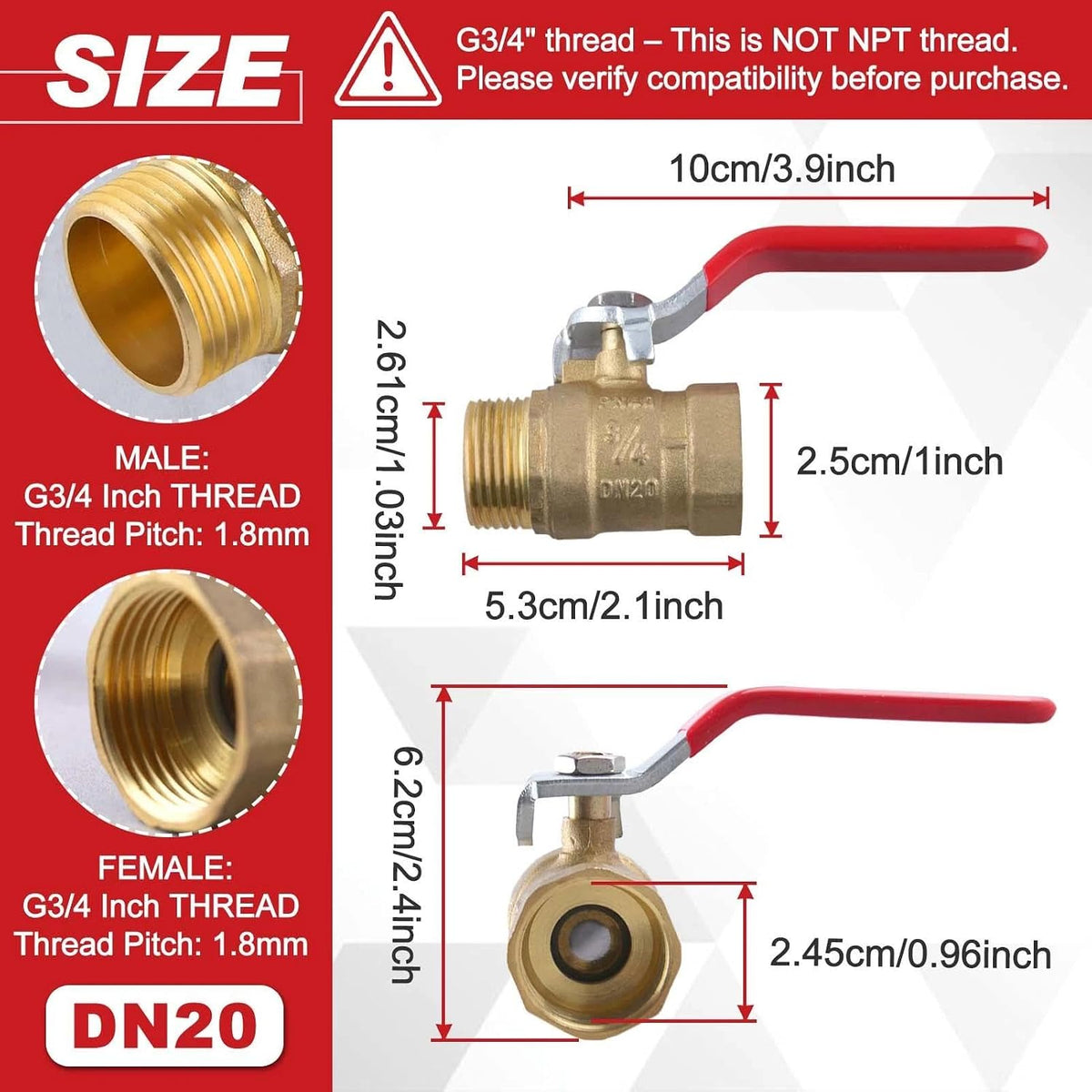 Brass Ball Valve G3/4 Inch Male x Female Thread Pipe Fitting