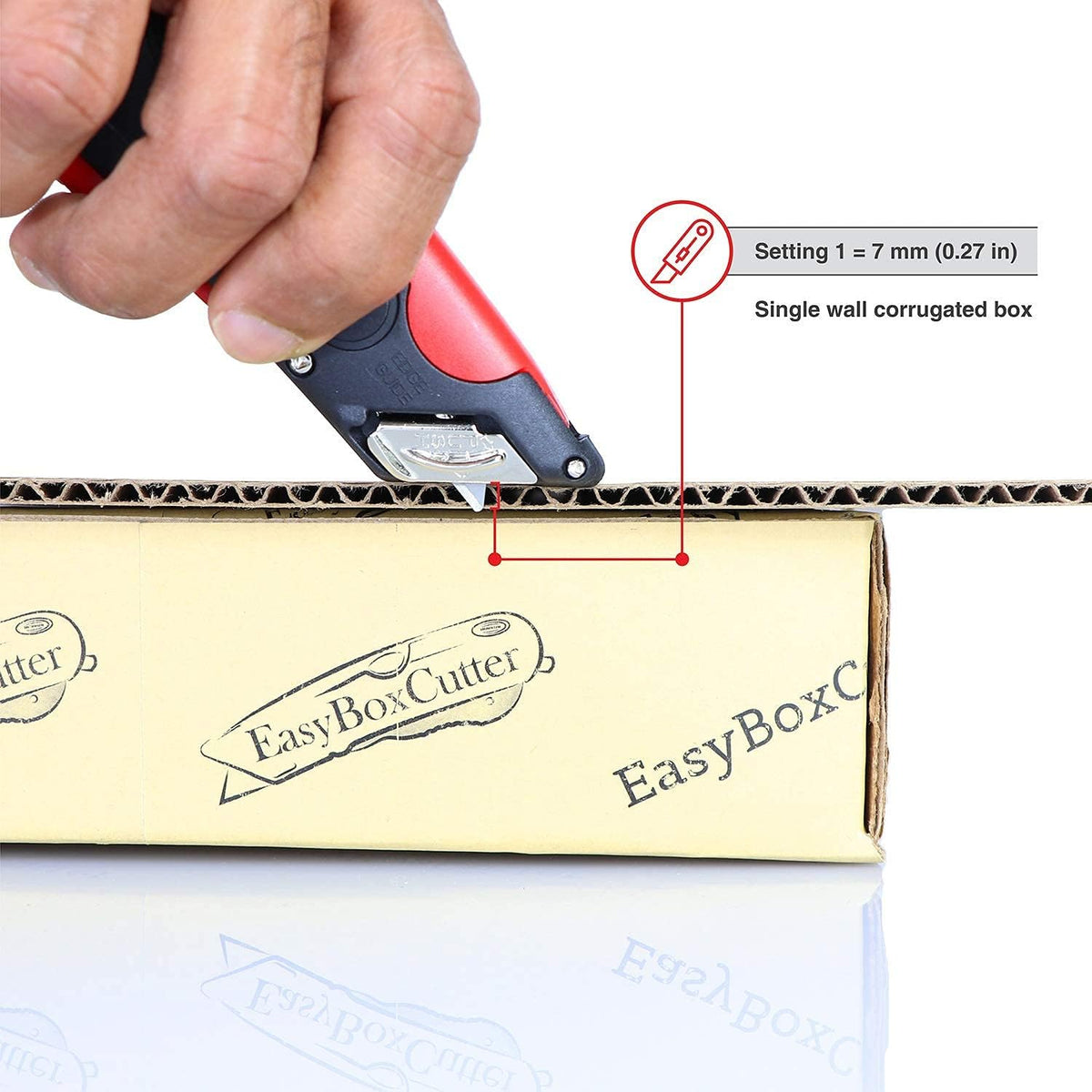 Modern Box Cutter, Extra Tape Cutter at Back, Dual Side Edge Guide, 3 Blade Depth Setting, 2 Blades and Holster