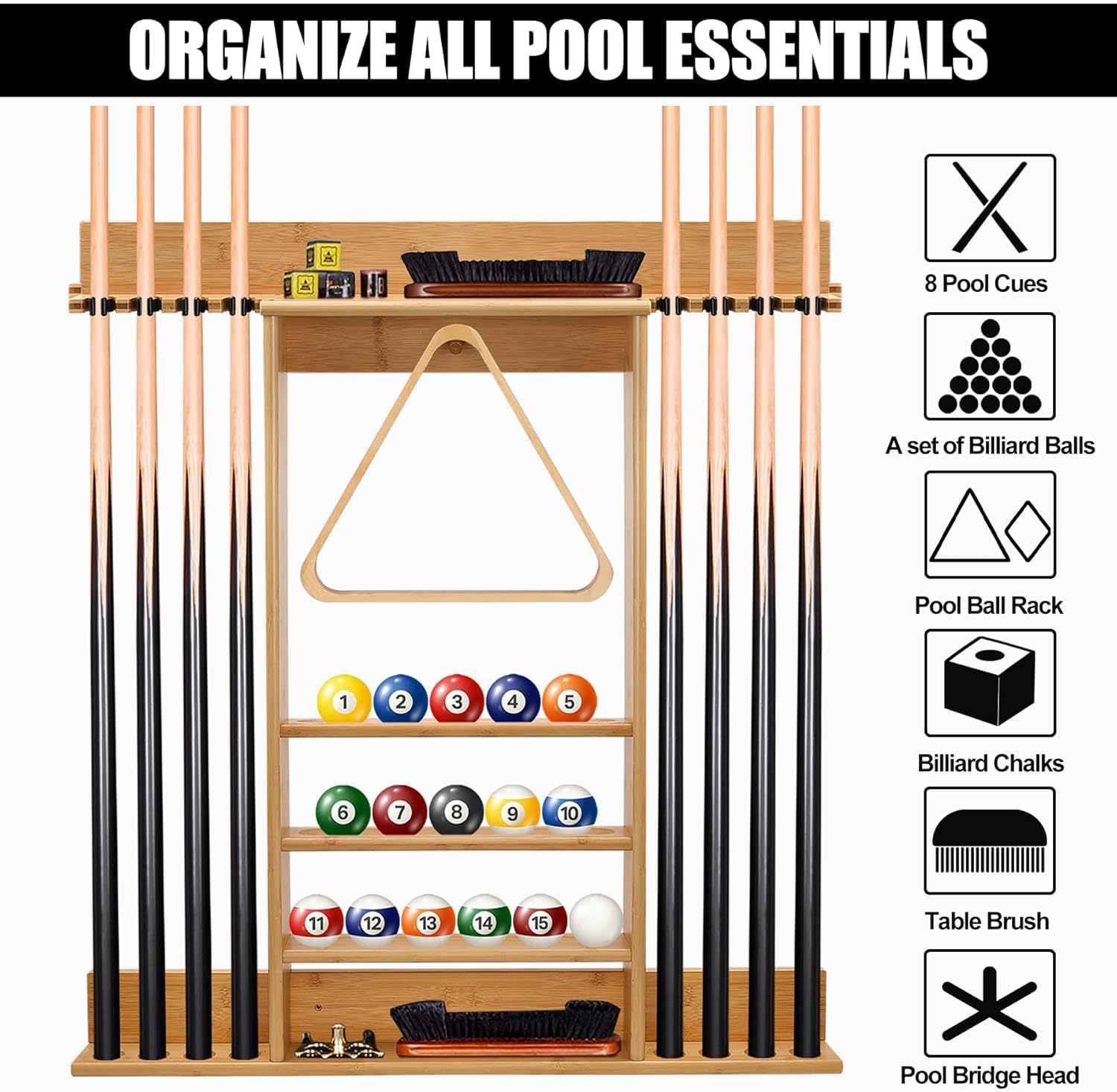 Pool Cue Rack Wall Mount,Cue Stick Holder,Wall Pool Stick Holder,Bamboo | Holds 8 Cues and Full Set of Balls, Pool