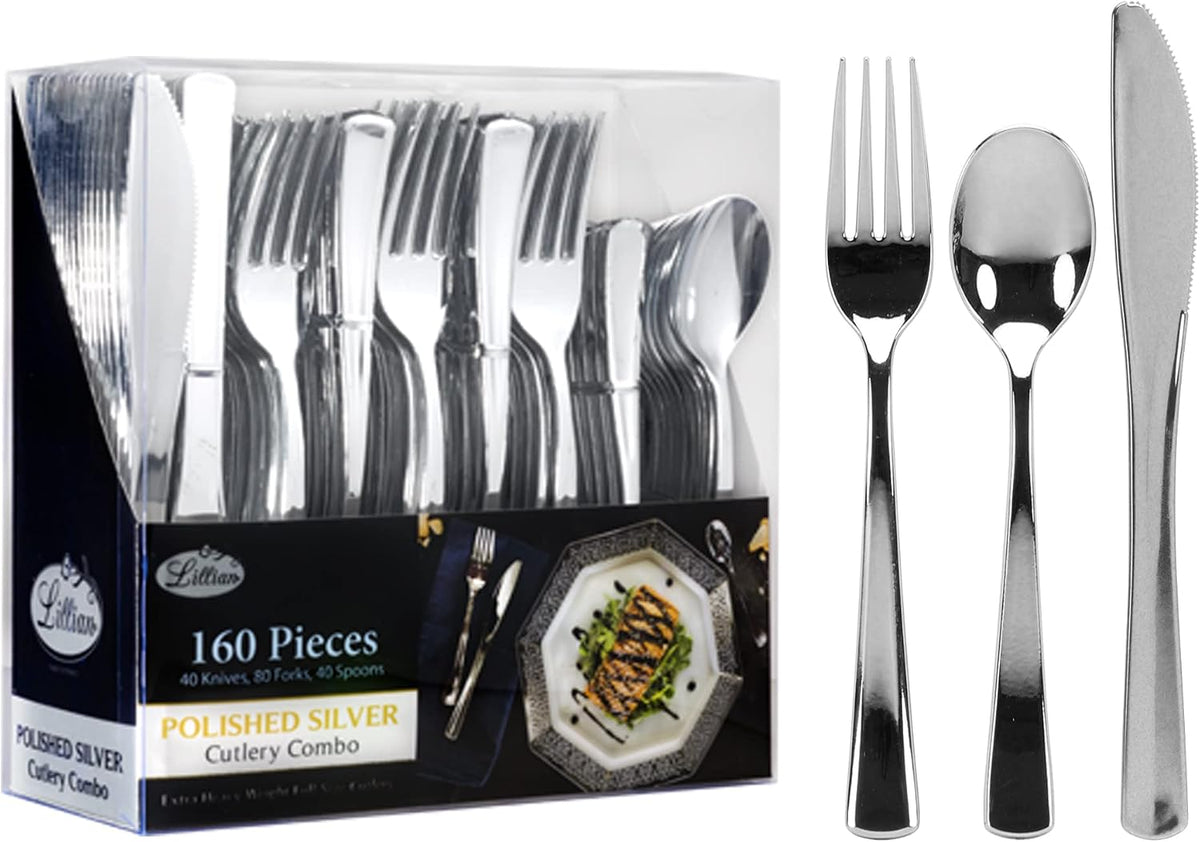 Plastic Cutlery Silverware Extra Heavyweight Disposable Flatware, Full Size Cutlery Combo, Polished Silver, 80 Forks