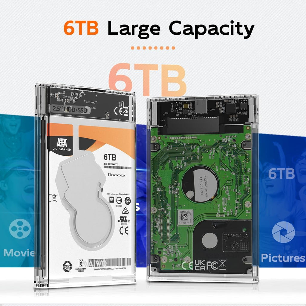 External Hard Drive Enclosure for 7mm 9.5mm 2.5 inch SATA SSD/HDD, 5Gbps USB C to SATA Adapter Storage Case, 6TB