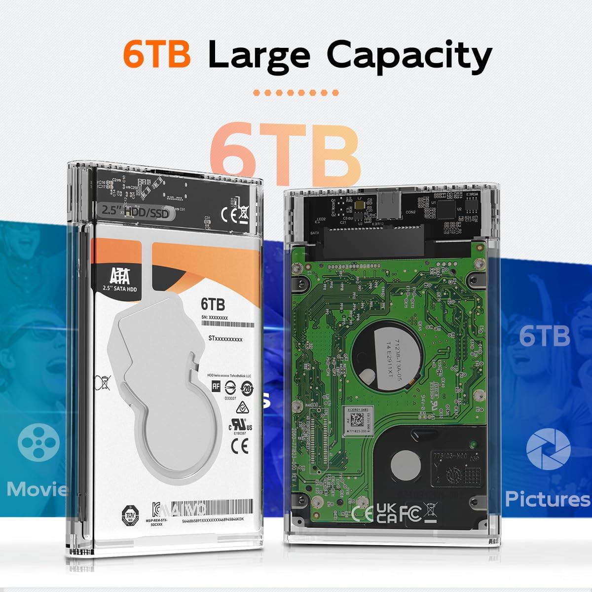 External Hard Drive Enclosure for 7mm 9.5mm 2.5 inch SATA SSD/HDD, 5Gbps USB C to SATA Adapter Storage Case, 6TB