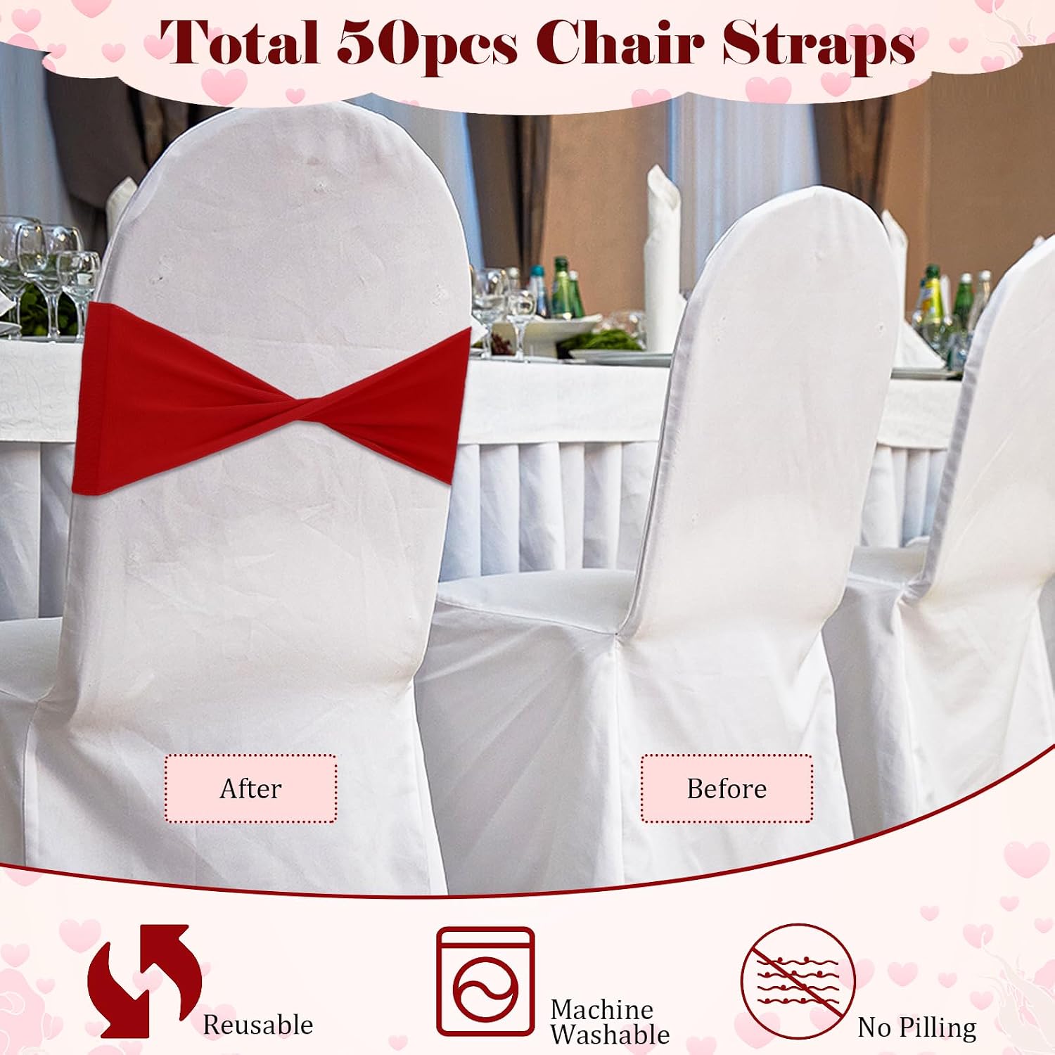 50 Pcs Red Chair Sashes, Bows Chair Bands, Elastic Chair Cover Bands Ties Universal Slider Sashes for Chair Without