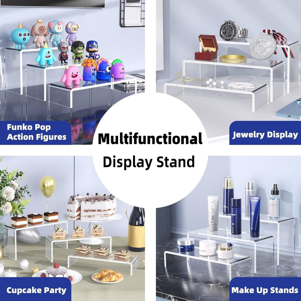 6 Pcs 8'' Clear Cupcake Display Risers, 3 Tiers Rectangular Risers Display Stands 4mm Thick Collectibles Jewelry