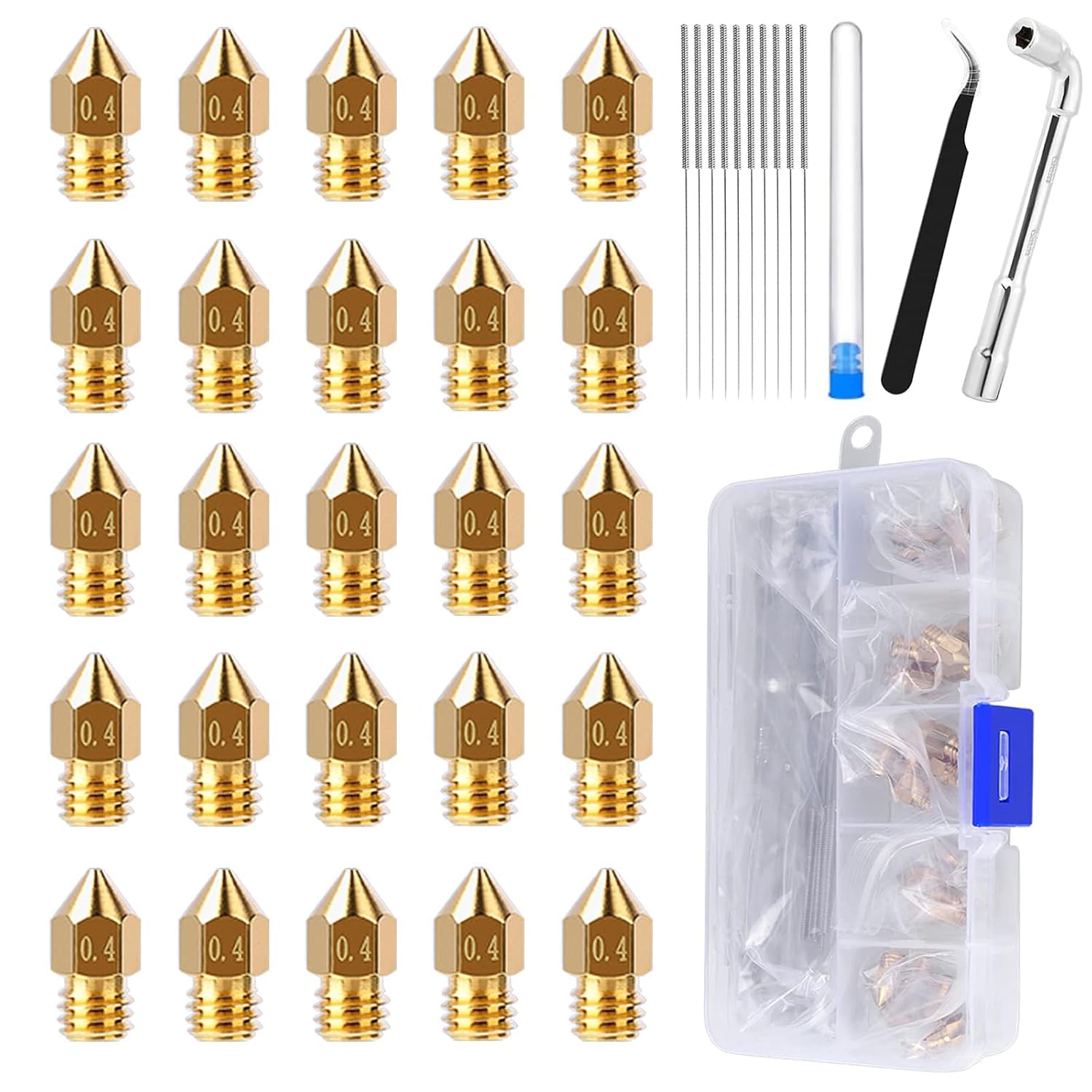 25PCS MK8 Ender 3 V2 Nozzles 0.4MM, 3D Printer Brass Hotend Nozzles | with DIY Tools Storage Box for Creality Ender