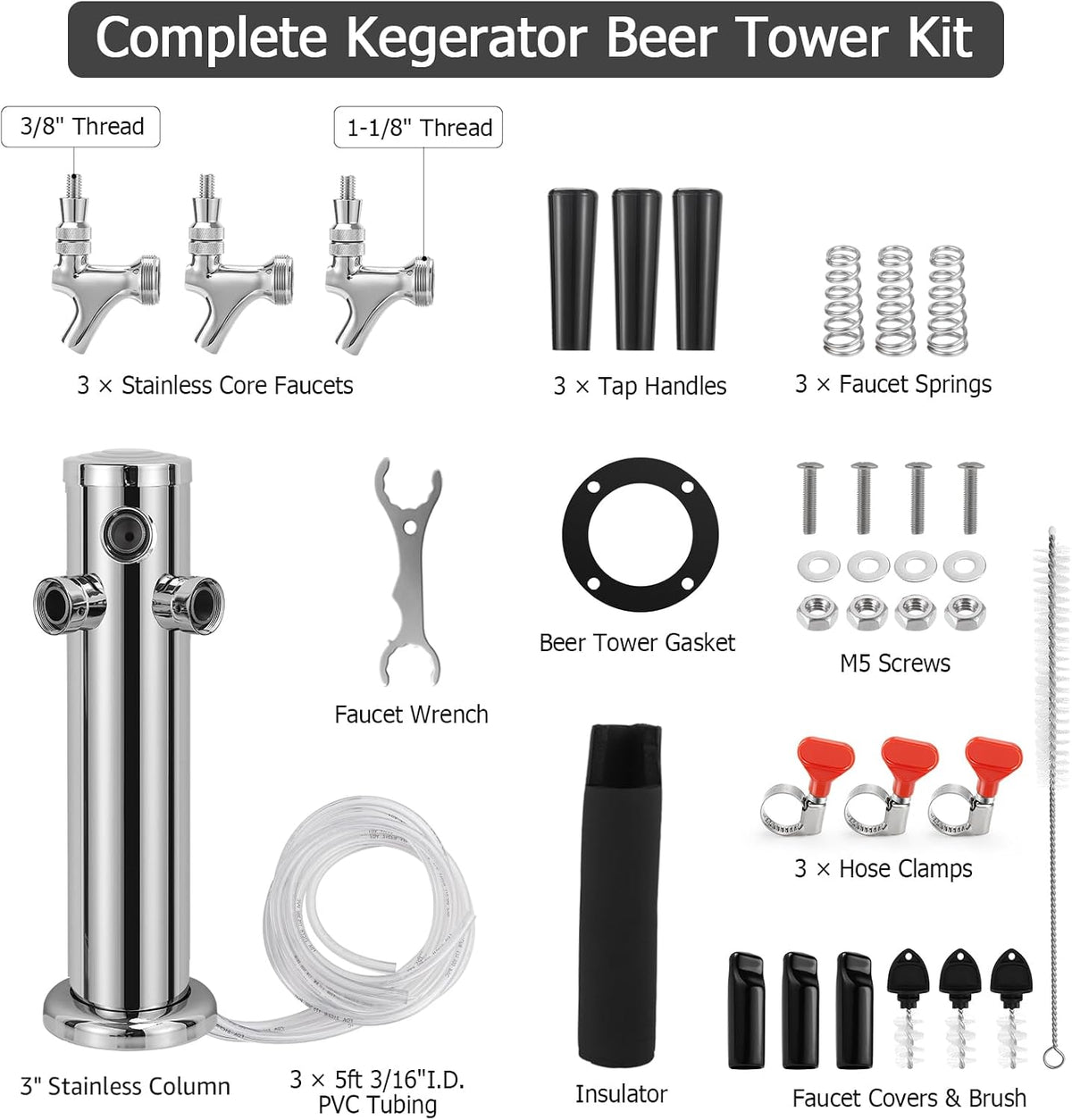 3 Tap Tower Kegerator Beer Tower, Keg Tower for Draft Beer System