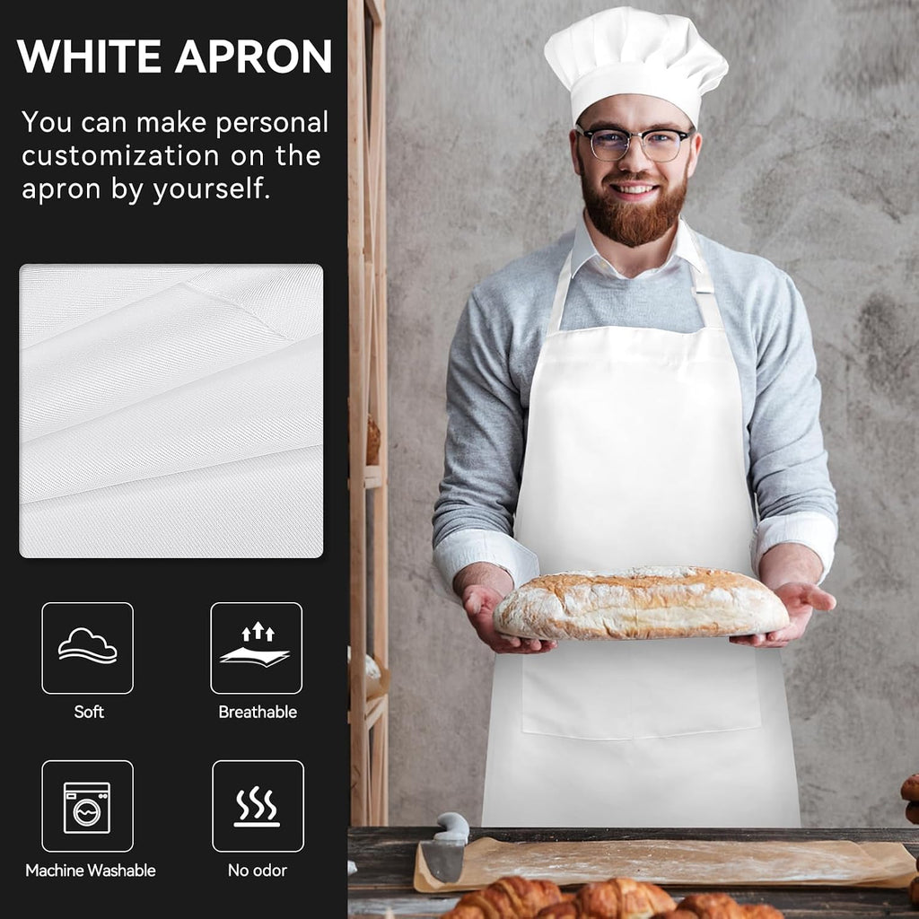 White Chef Hat and Apron, Adjustable Chef Costume Set, Kitchen Cooking Baking Apron with 2 Pockets for Men and Women