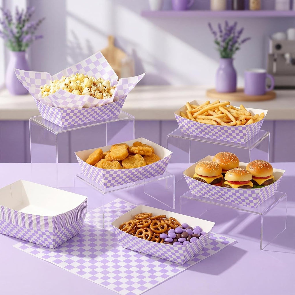 100 Pcs Gingham Paper Food Tray with Wax Paper,Purple White