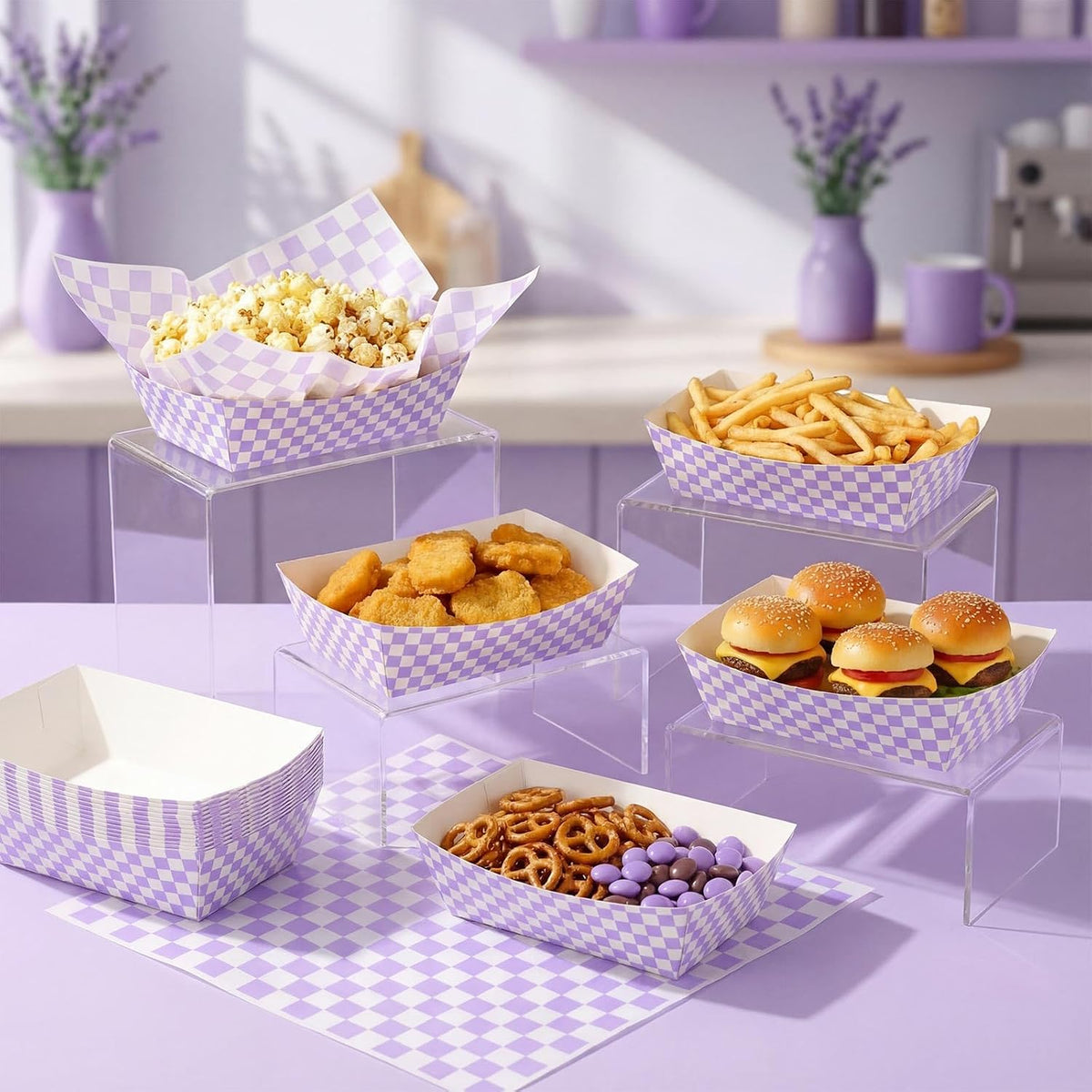 100 Pcs Gingham Paper Food Tray with Wax Paper,Purple White