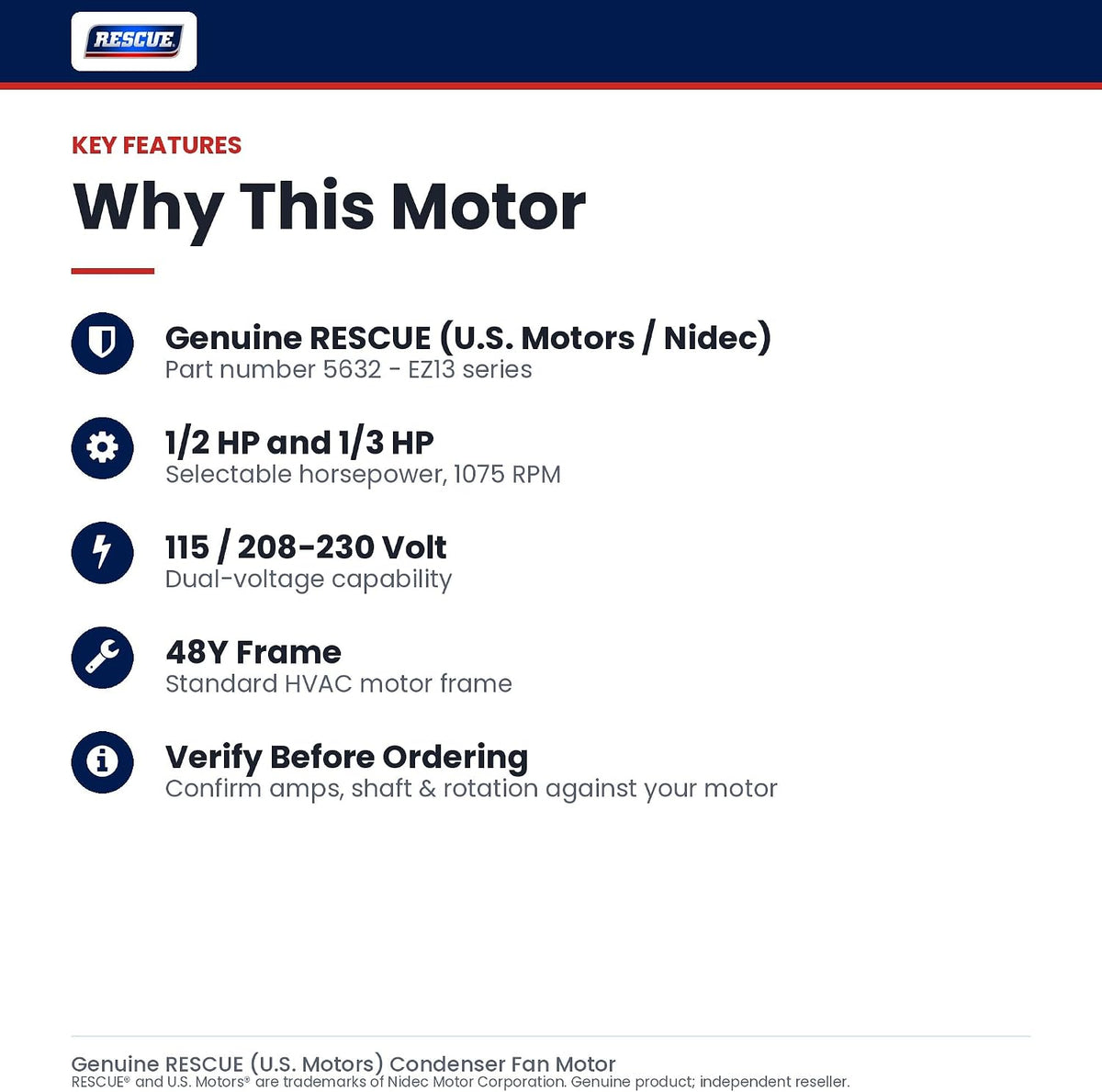 Motor,1/2,1/3 HP,1075,48Y,115/208-230V