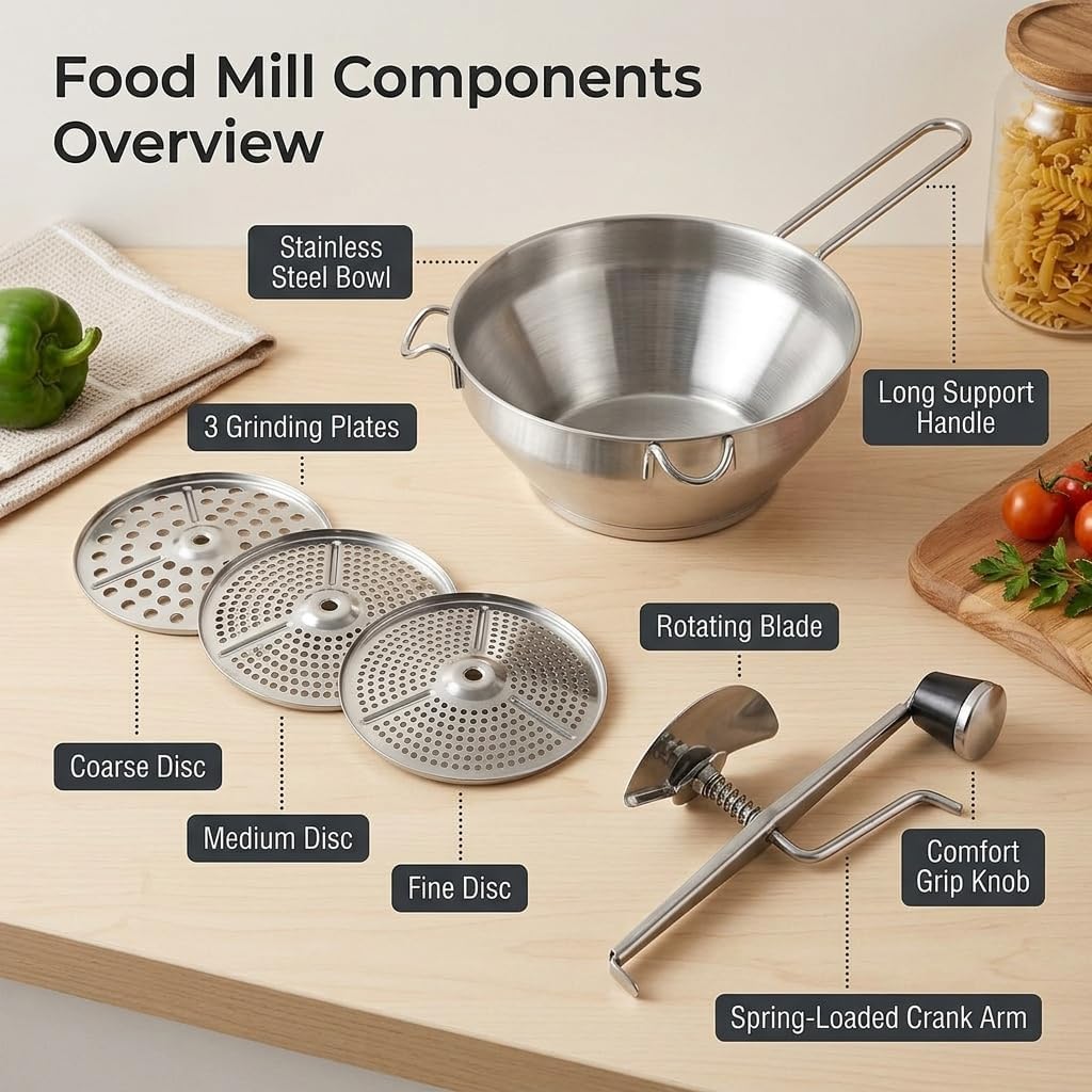 Stainless Steel Food Mill – Heavy-Duty Hand Crank Food Mill with 3 Interchangeable Discs |Manual Food Strainer for