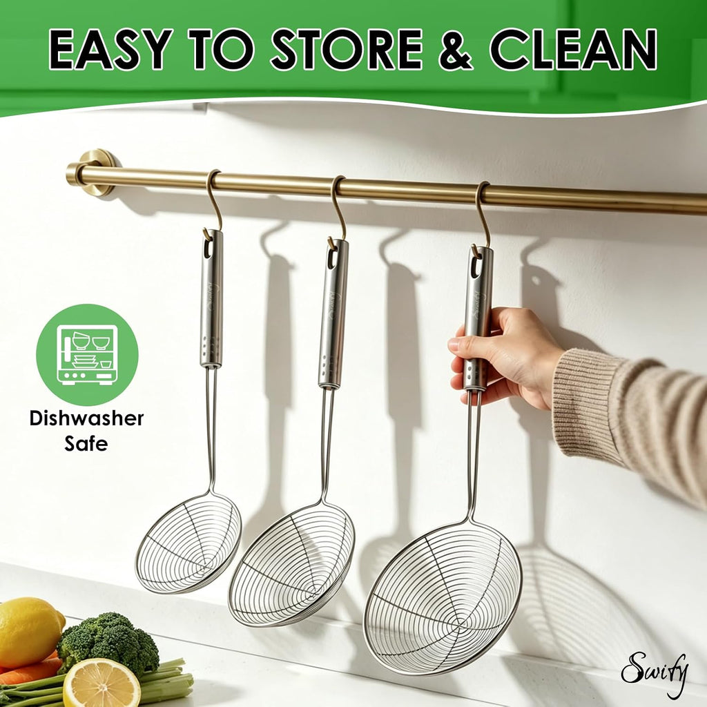 Spider Strainer Set of 3 Asian Strainer Ladle Stainless Steel Wire Skimmer Spoon with Handle for Kitchen Frying Food