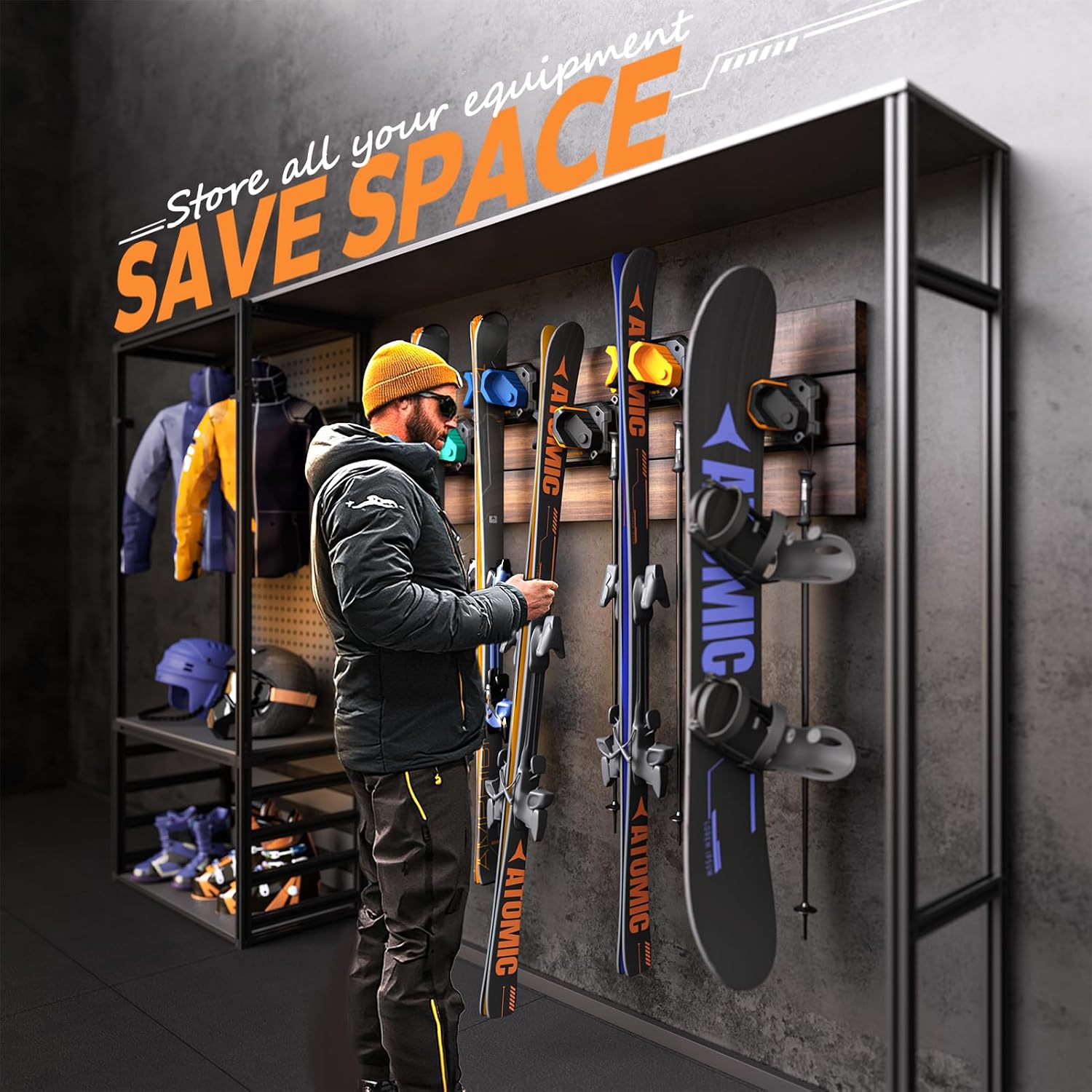 Ski & Snowboard Wall Rack for Garage Wall Fits Any Ski/board, Ski Wall Mount Holders Damage-Free Storage Rack, Garage