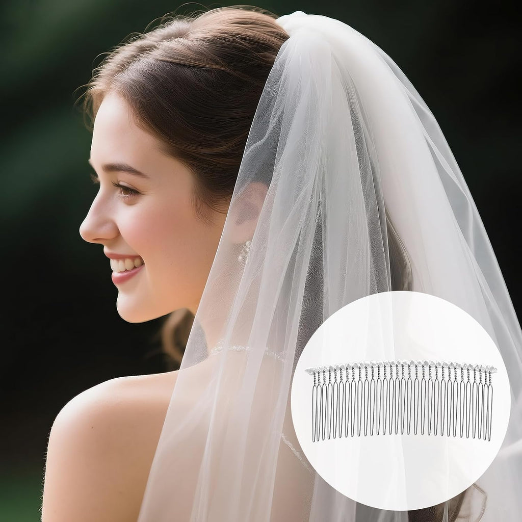 30 Teeth Ribbon-wrapped Veil Combs, 1.8" Extra Long Teeth Bridal Hair Comb for Long Wedding Veils, Sturdy Metal Wire