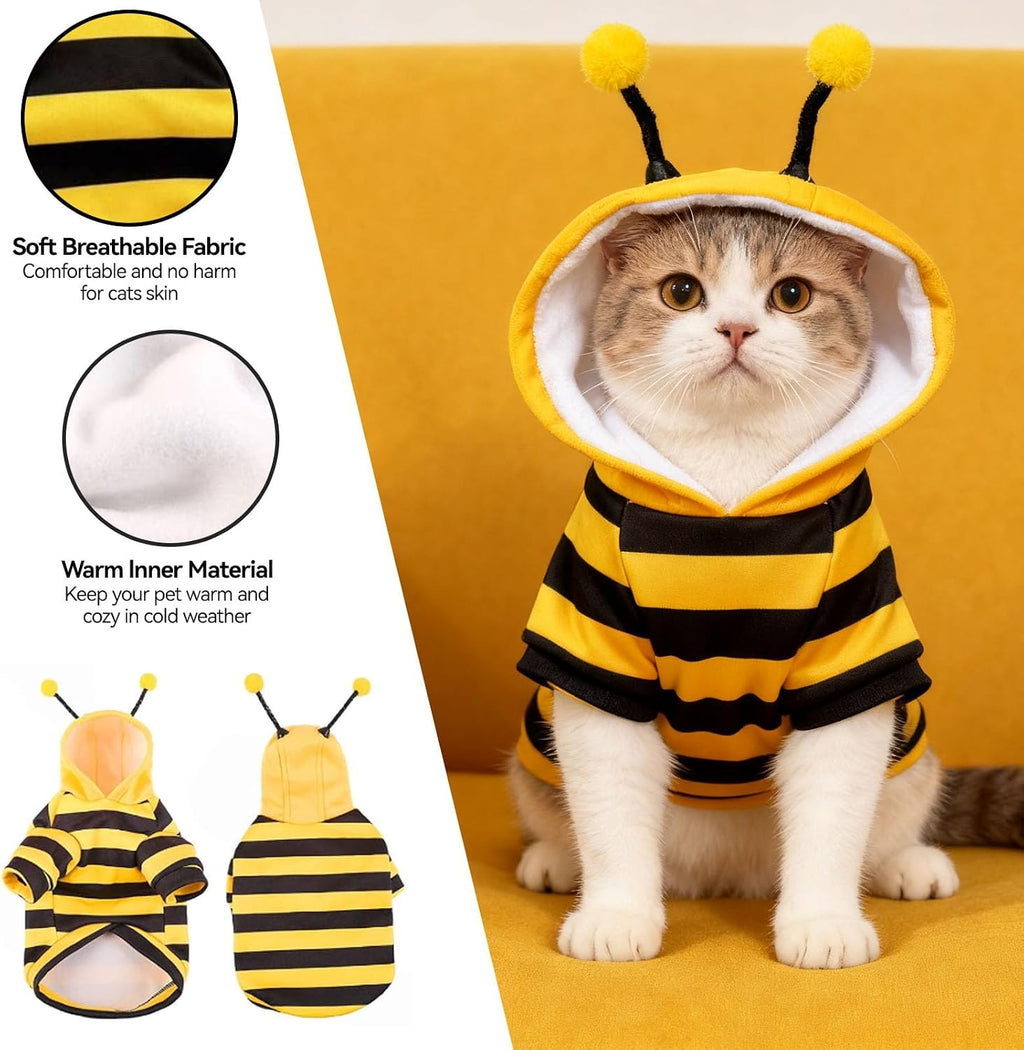 Bumblebee Cat Costume for Sphynx & Small Dogs, Fit Halloween, Yellow, XS | Cute Bee Stripes Hoodie, Soft Warm Fleece