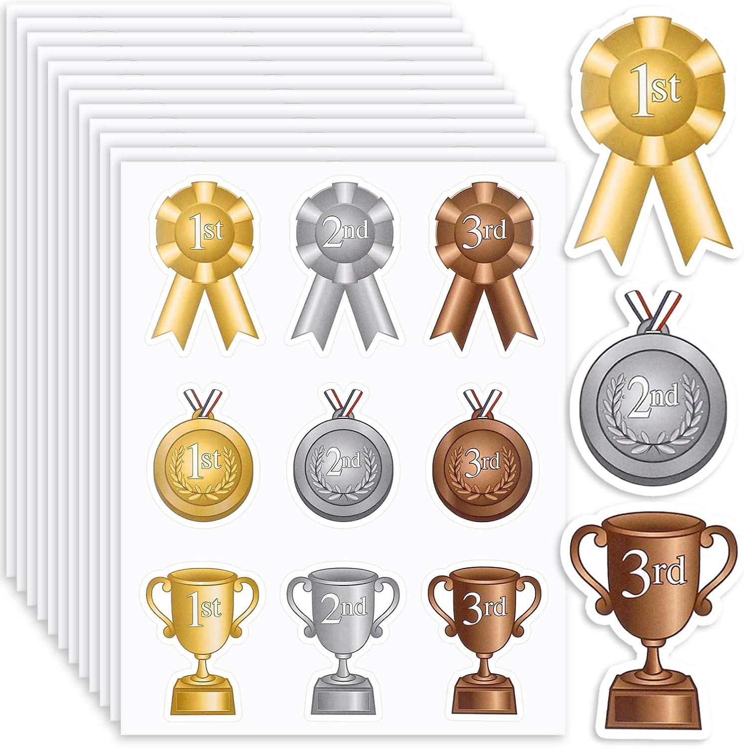 108 Pcs Assorted Award Ribbon Stickers Self Adhesive Gold Silver Bronze Medals Classic Trophy Rosette 1st 2nd 3rd