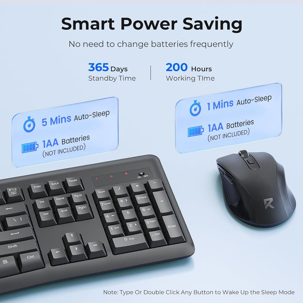 Wireless Keyboard and Mouse Combo, 2.4G Full-Sized Ergonomic Computer Keyboard and 5 Level DPI Adjustable Wireless