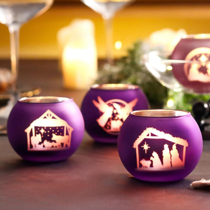 Advent Candle Holders Set of 4, Glass Tealight Votive Candle Hodlers Tabletop Nativity Christmas Table Decorations