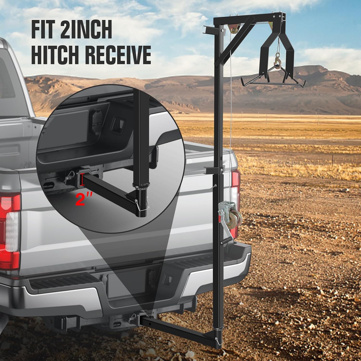 Truck Hitch Game Hoist & Gambrel - 600lbs with 360 Degree Swivel - Complete Hoist Kit (Included Winch/Gambrel)