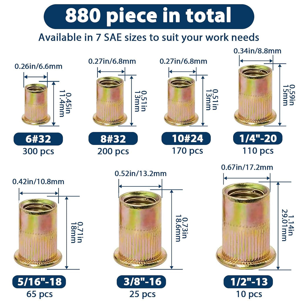SAE Rivet Nut Assortment Kit, 880Pcs #6-1/2 Zinc Plated Rivnut Insert