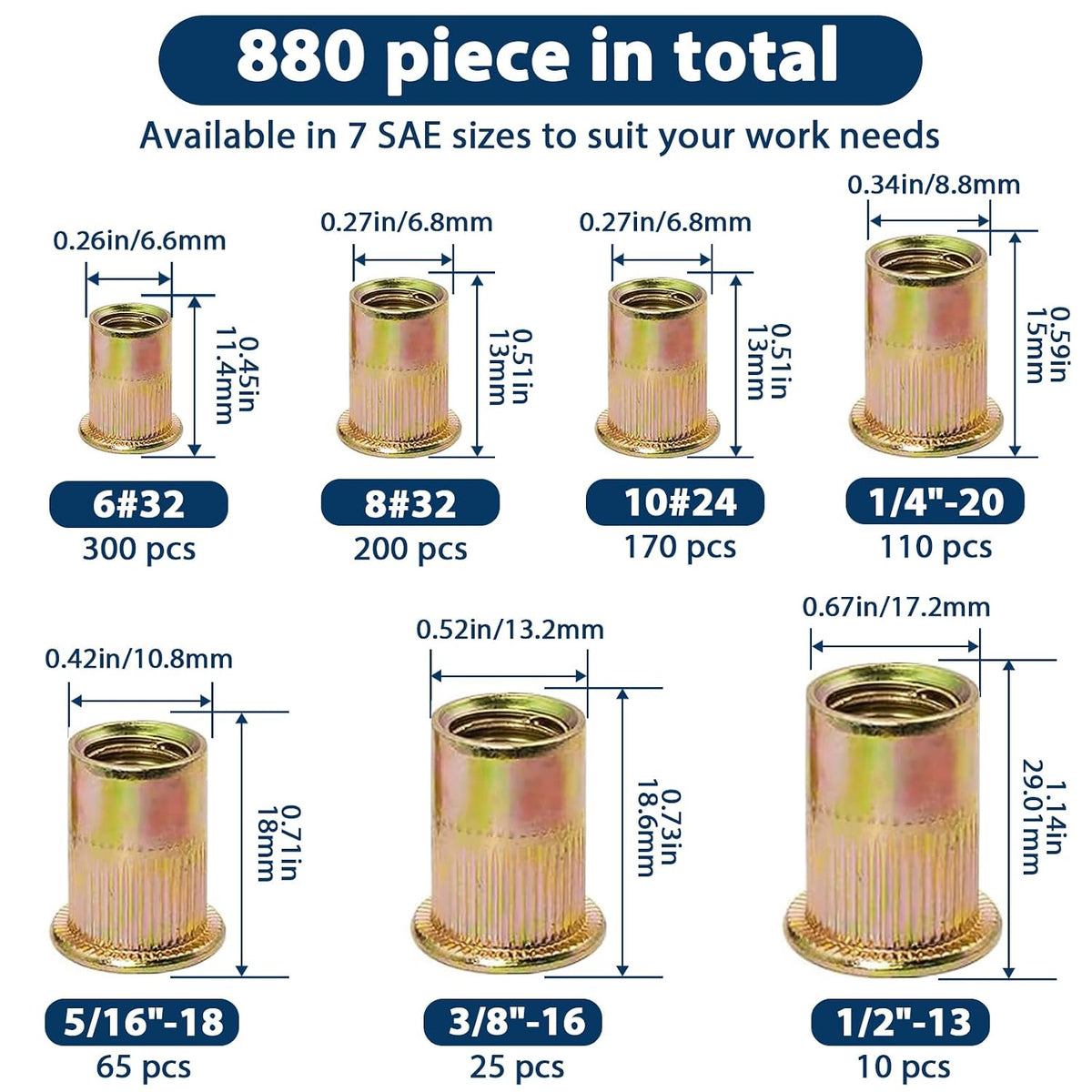 SAE Rivet Nut Assortment Kit, 880Pcs #6-1/2 Zinc Plated Rivnut Insert