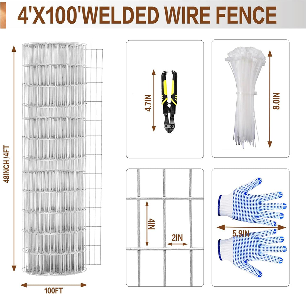 4 ft x 100 ft Galvanized Welded Wire Fence, 16GA Garden Chicken Wire Fence Roll, Mesh Size 2" x 4"Hardware Cloth