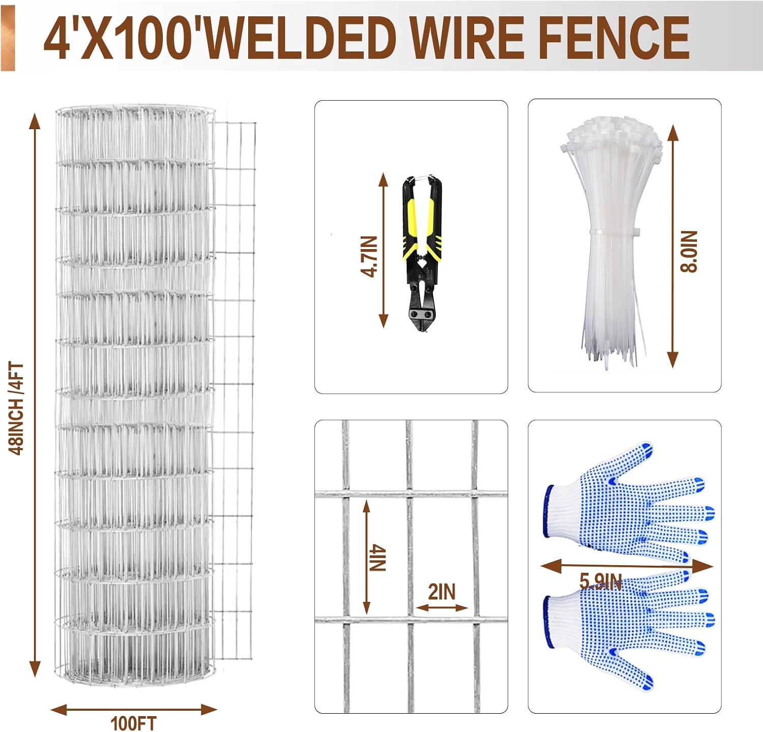 4 ft x 100 ft Galvanized Welded Wire Fence, 16GA Garden Chicken Wire Fence Roll, Mesh Size 2" x 4"Hardware Cloth